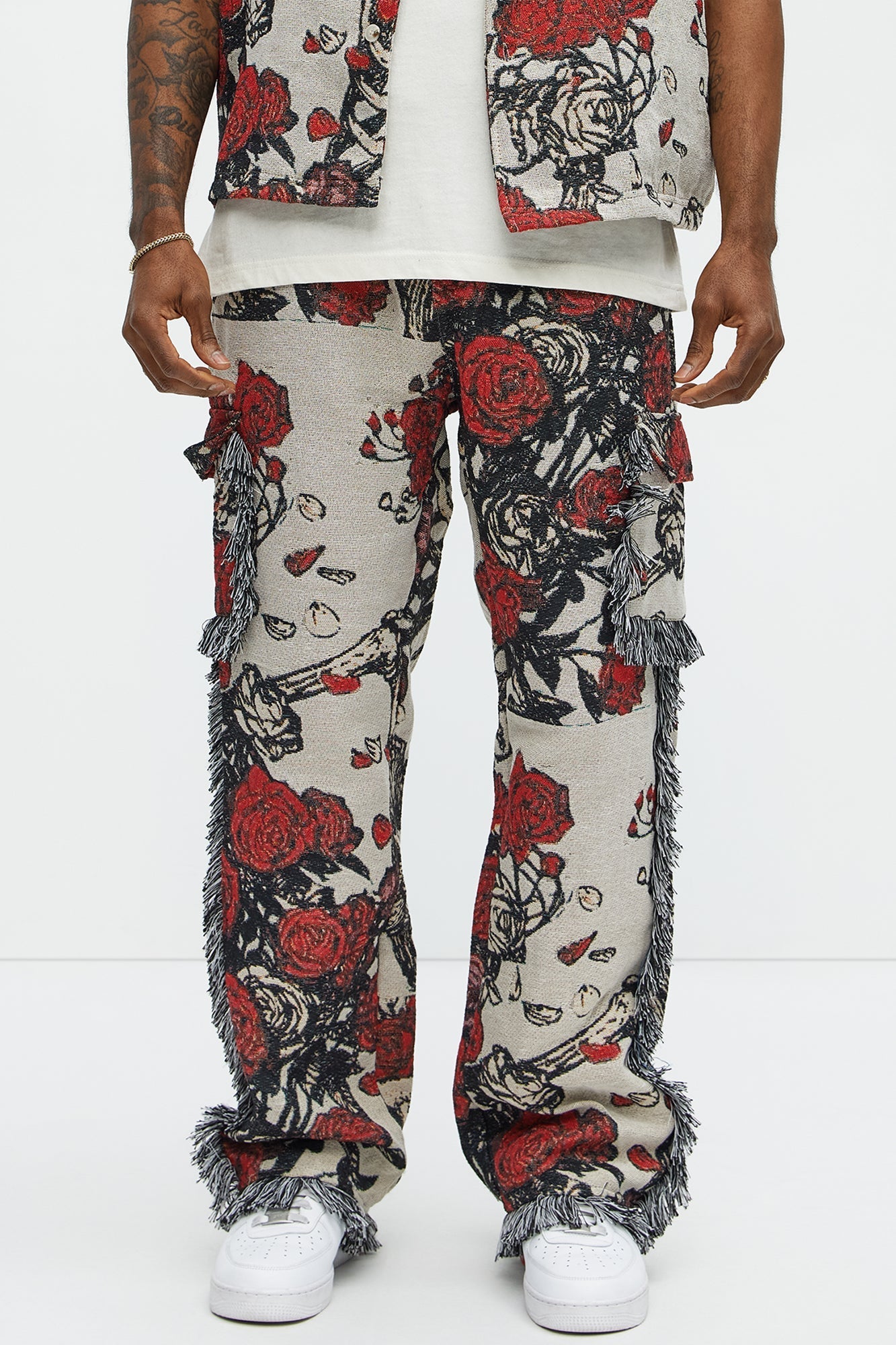 Straight Petals Tapestry Cargo Pants - Red/combo