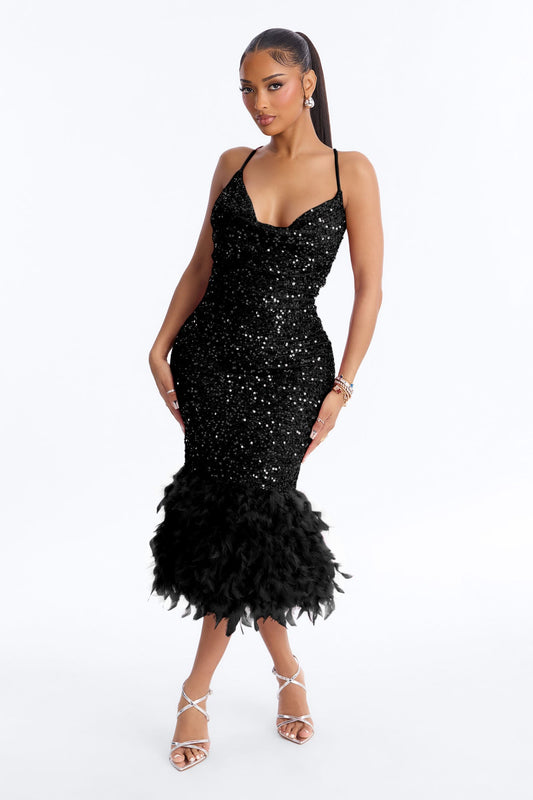 Zoey Feathered Sequin Midi Dress - Black