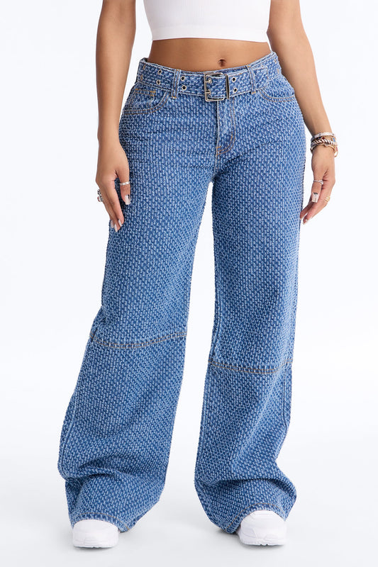 Shake It Up Belted Jacquard Straight Leg Jeans - Medium Wash