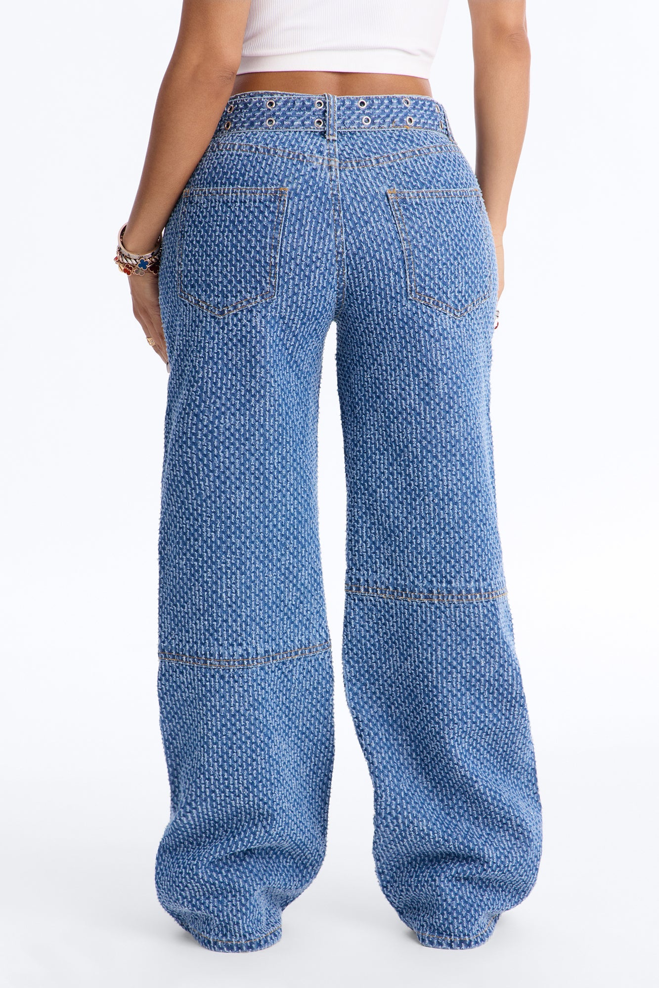 Shake It Up Belted Jacquard Straight Leg Jeans - Medium Wash