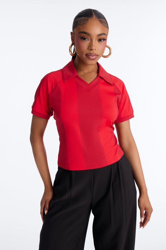 Street Uniform Striped Short Sleeve Polo Jersey Top - Red/combo