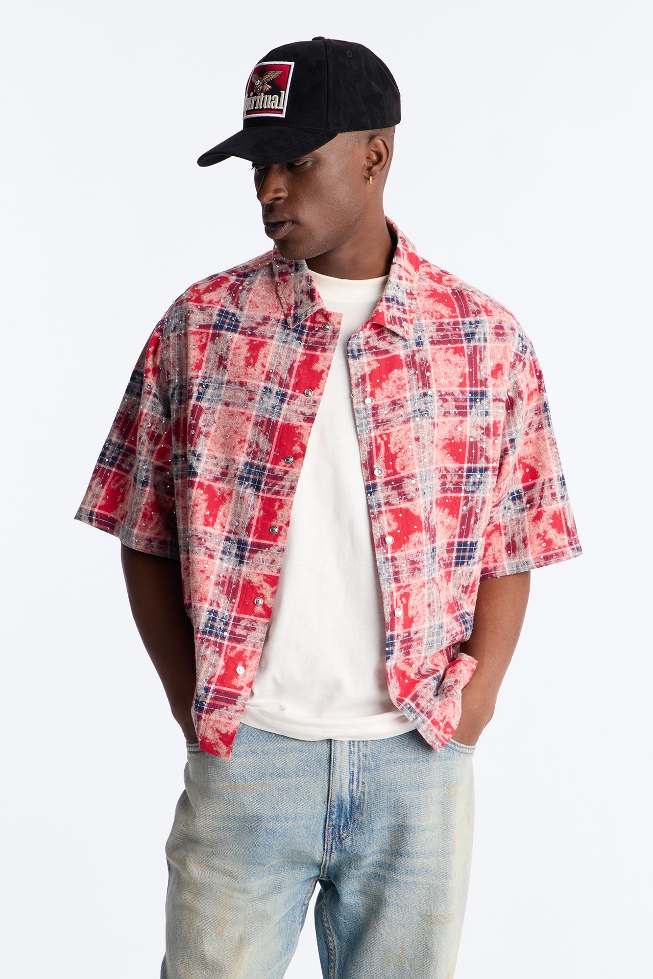 Rhinestone Rain Short Sleeve Plaid Flannel - Red