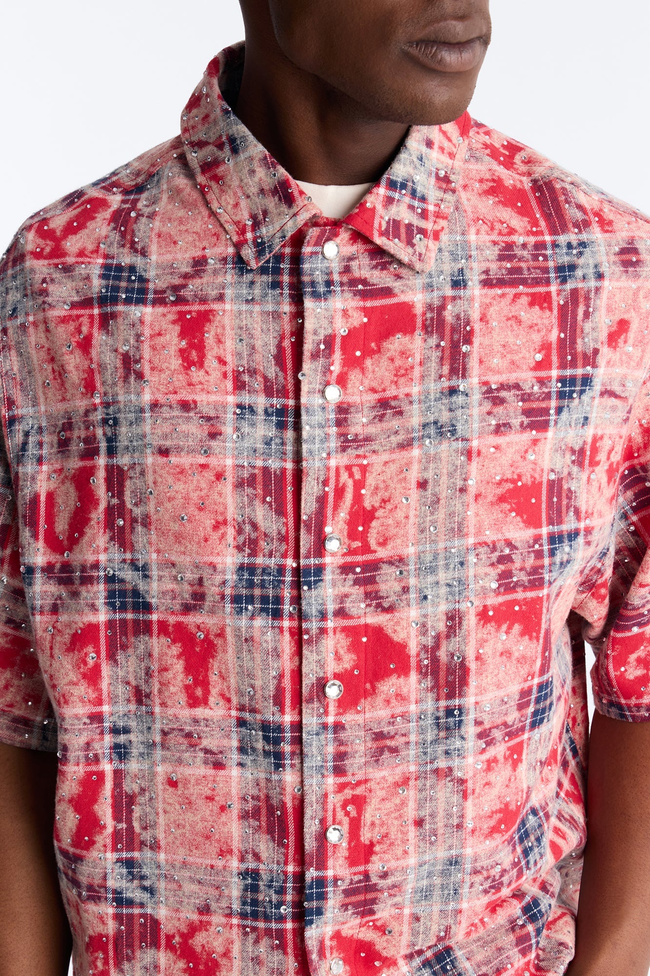 Rhinestone Rain Short Sleeve Plaid Flannel - Red