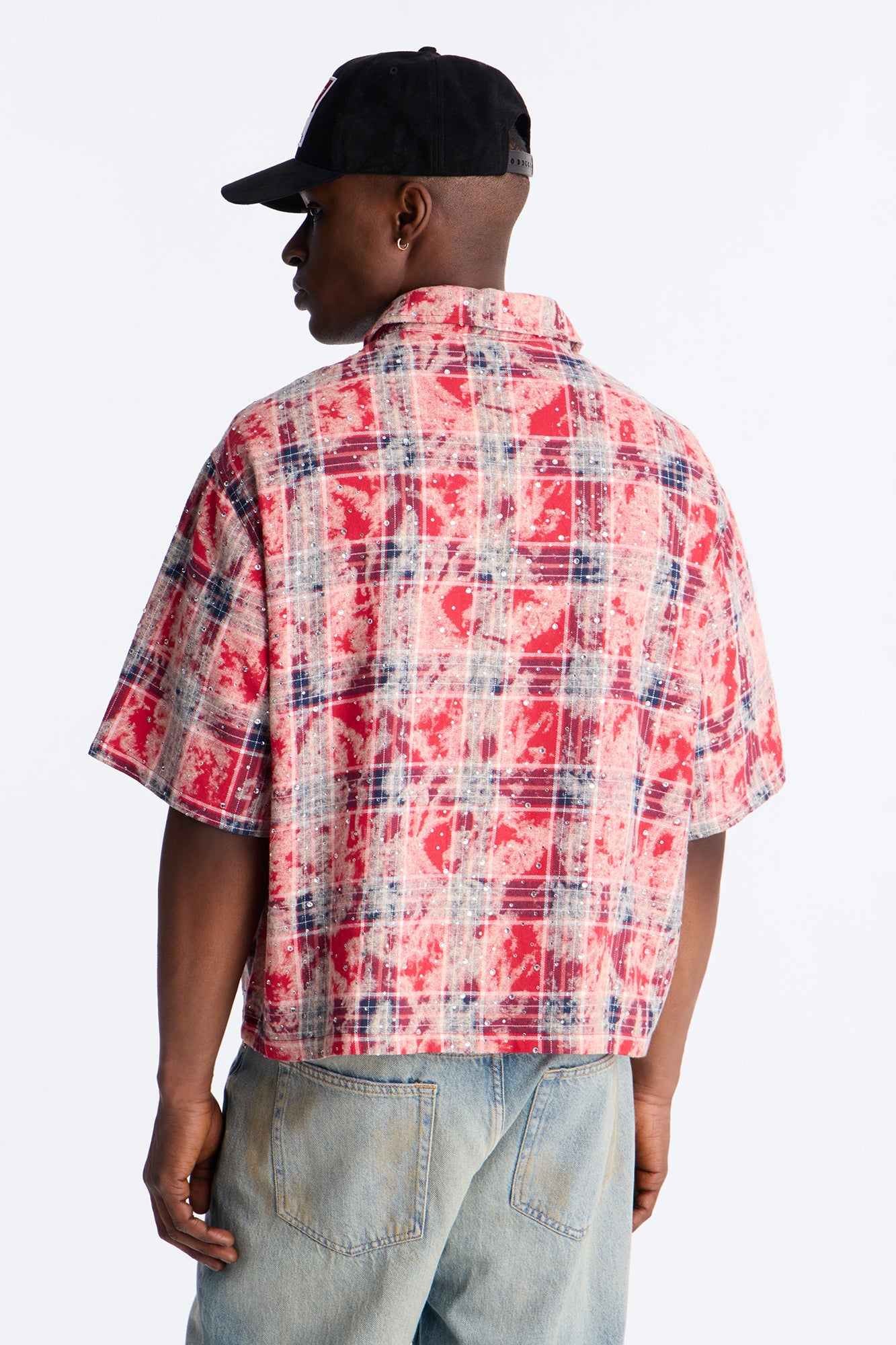 Rhinestone Rain Short Sleeve Plaid Flannel - Red