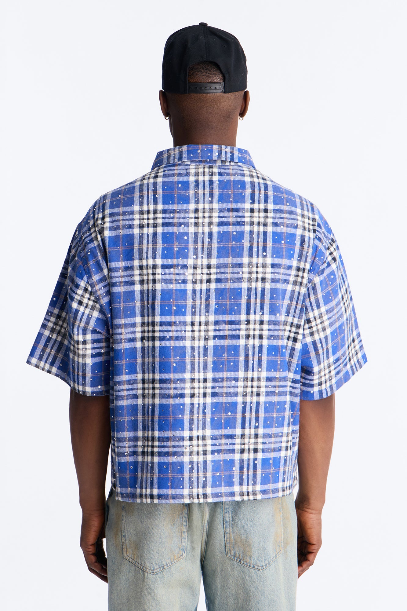 Rhinestone Rain Short Sleeve Plaid Flannel - Royal