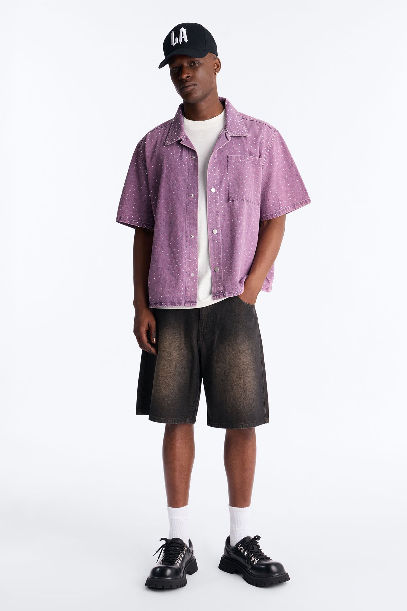 Cropped Embellished Denim Button Up Shirt - Purple
