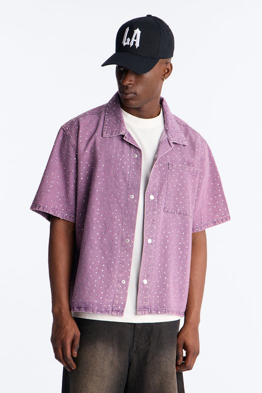Cropped Embellished Denim Button Up Shirt - Purple