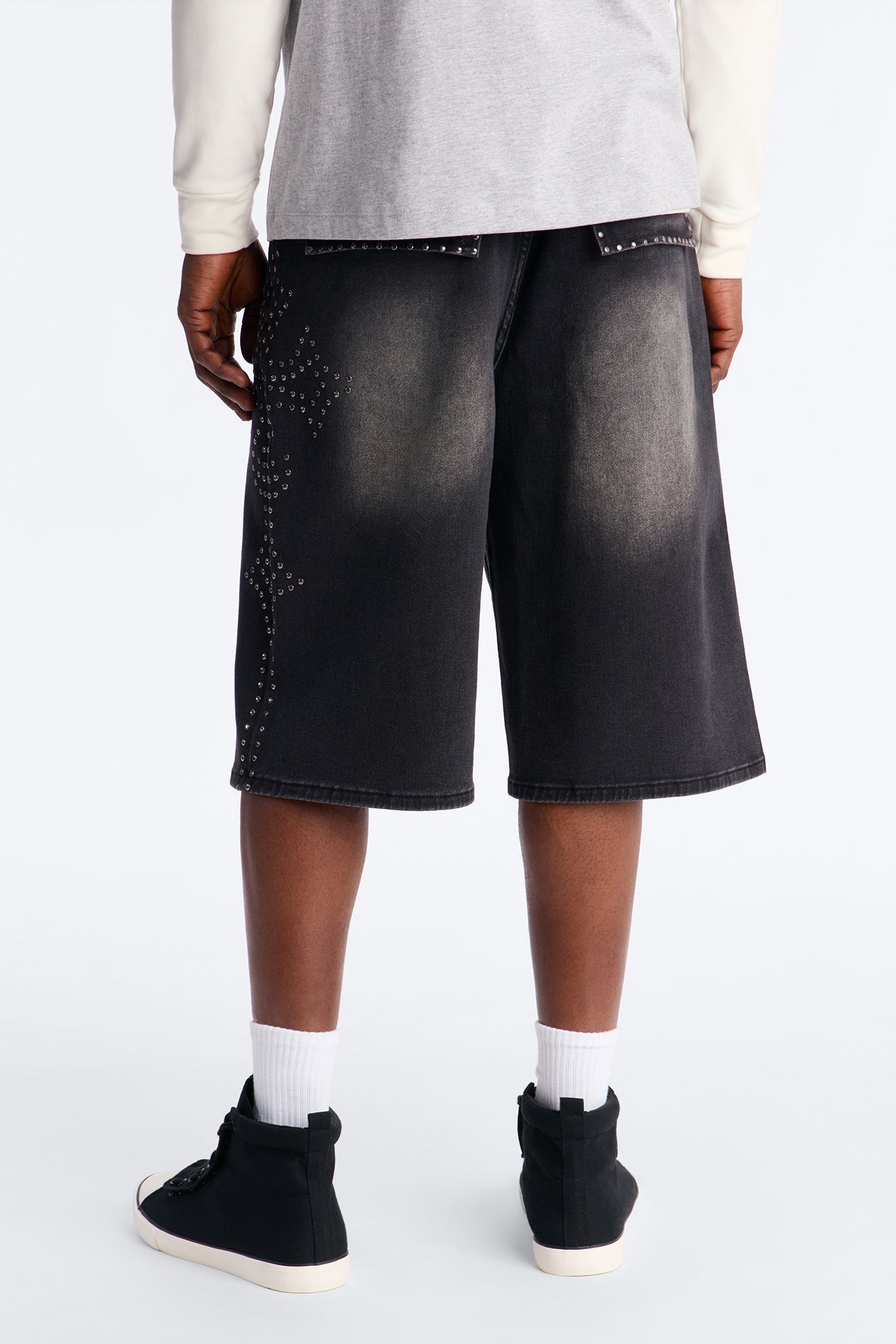 In Denim We Trust Baggy Studded Denim Short - Black Wash