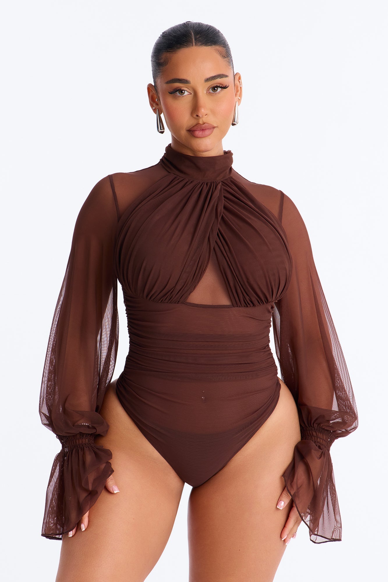 Juliet Ruched Mesh Long Sleeve Bodysuit - Brown NEWFASHIONEDGE
