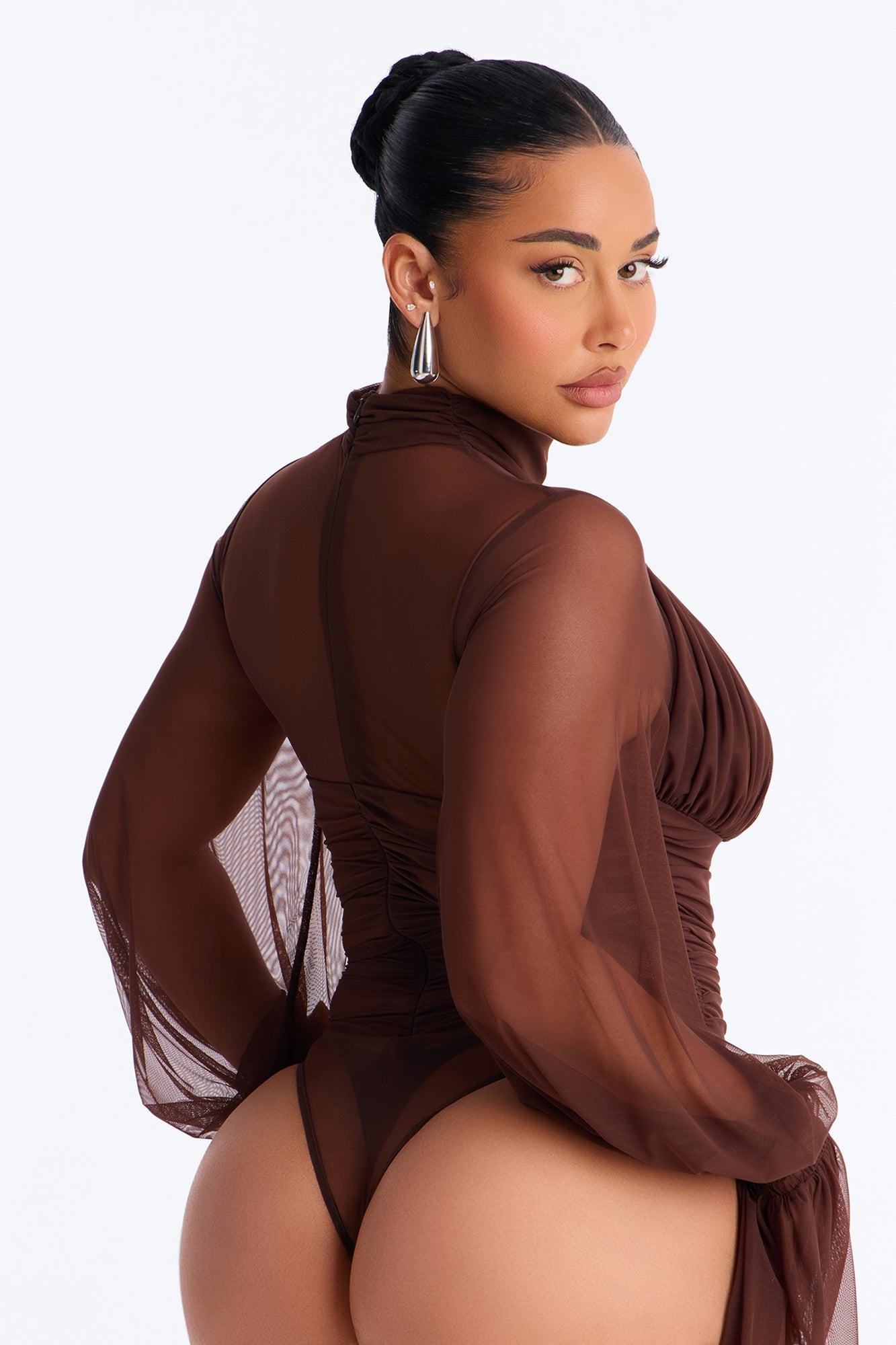 Juliet Ruched Mesh Long Sleeve Bodysuit - Brown NEWFASHIONEDGE