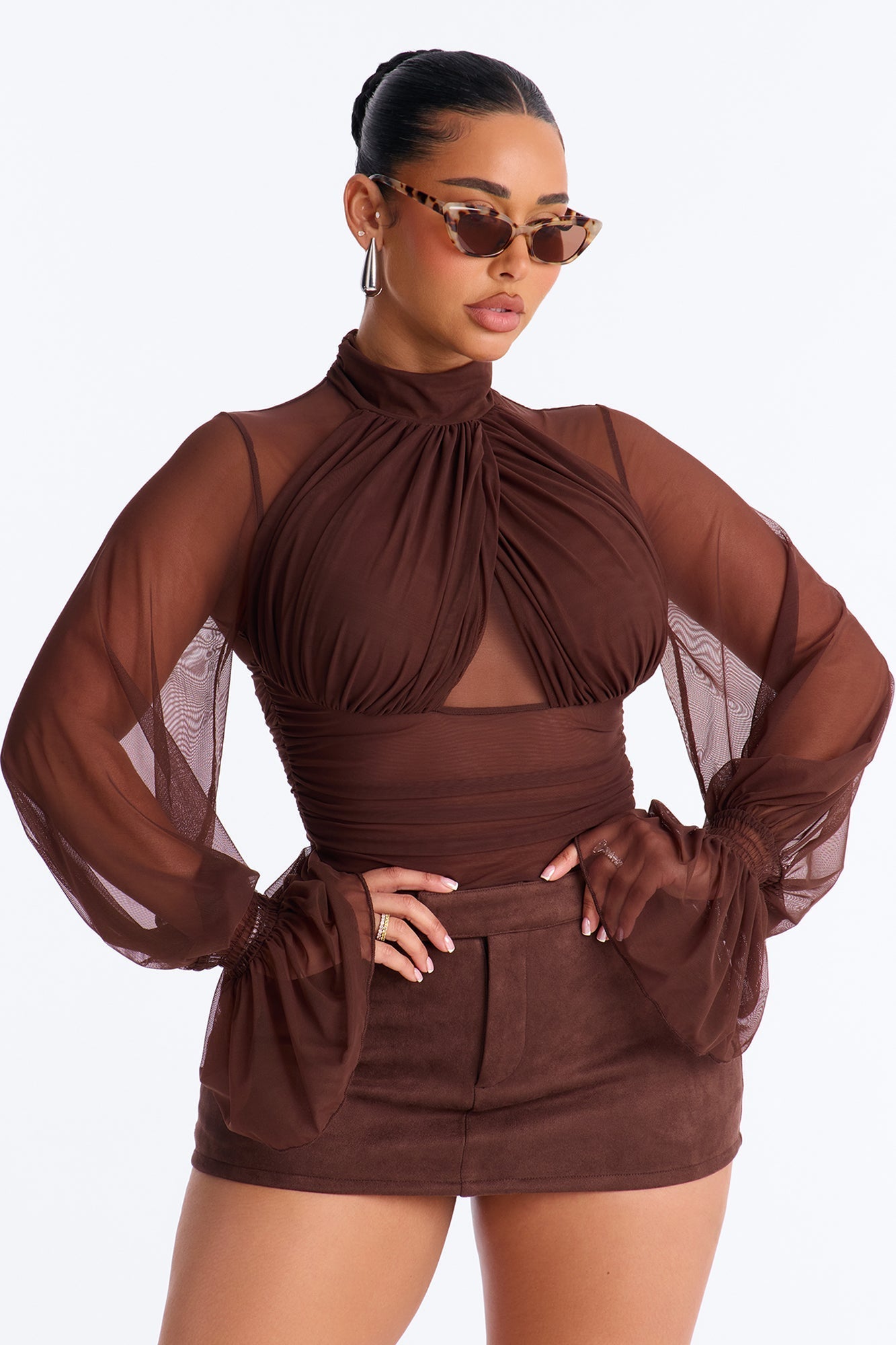 Juliet Ruched Mesh Long Sleeve Bodysuit - Brown NEWFASHIONEDGE