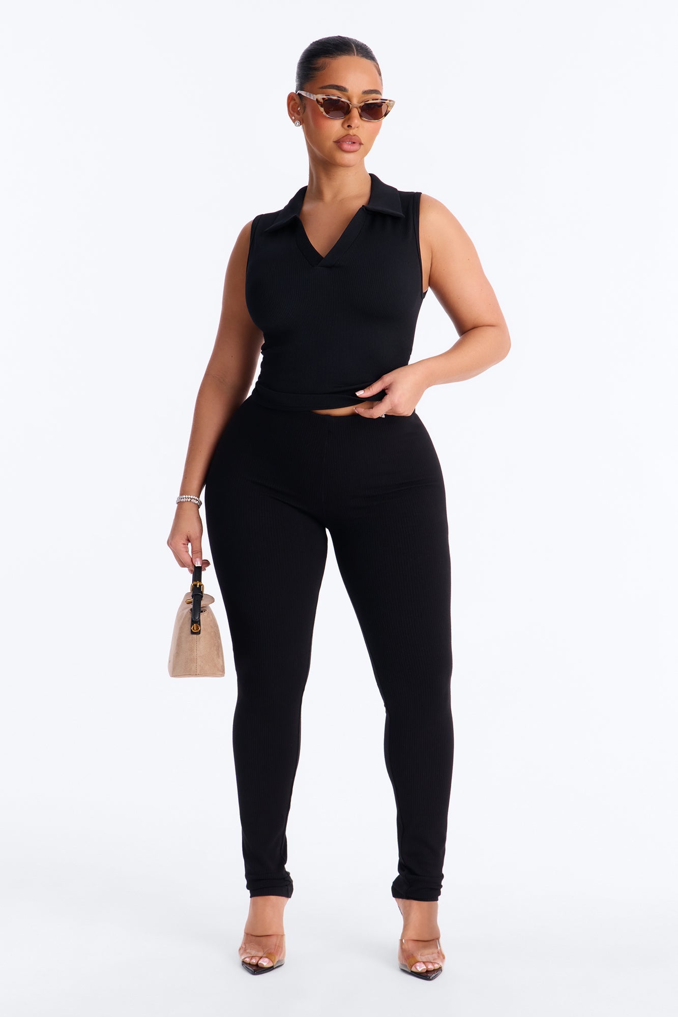 Lyra Seamless Rib Basic Sleeveless Collared Top - Black NEWFASHIONEDGE