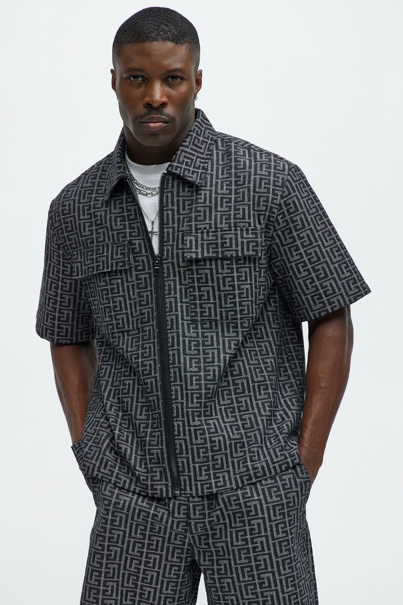 Fallon Jacquard Zip Shirt - Charcoal