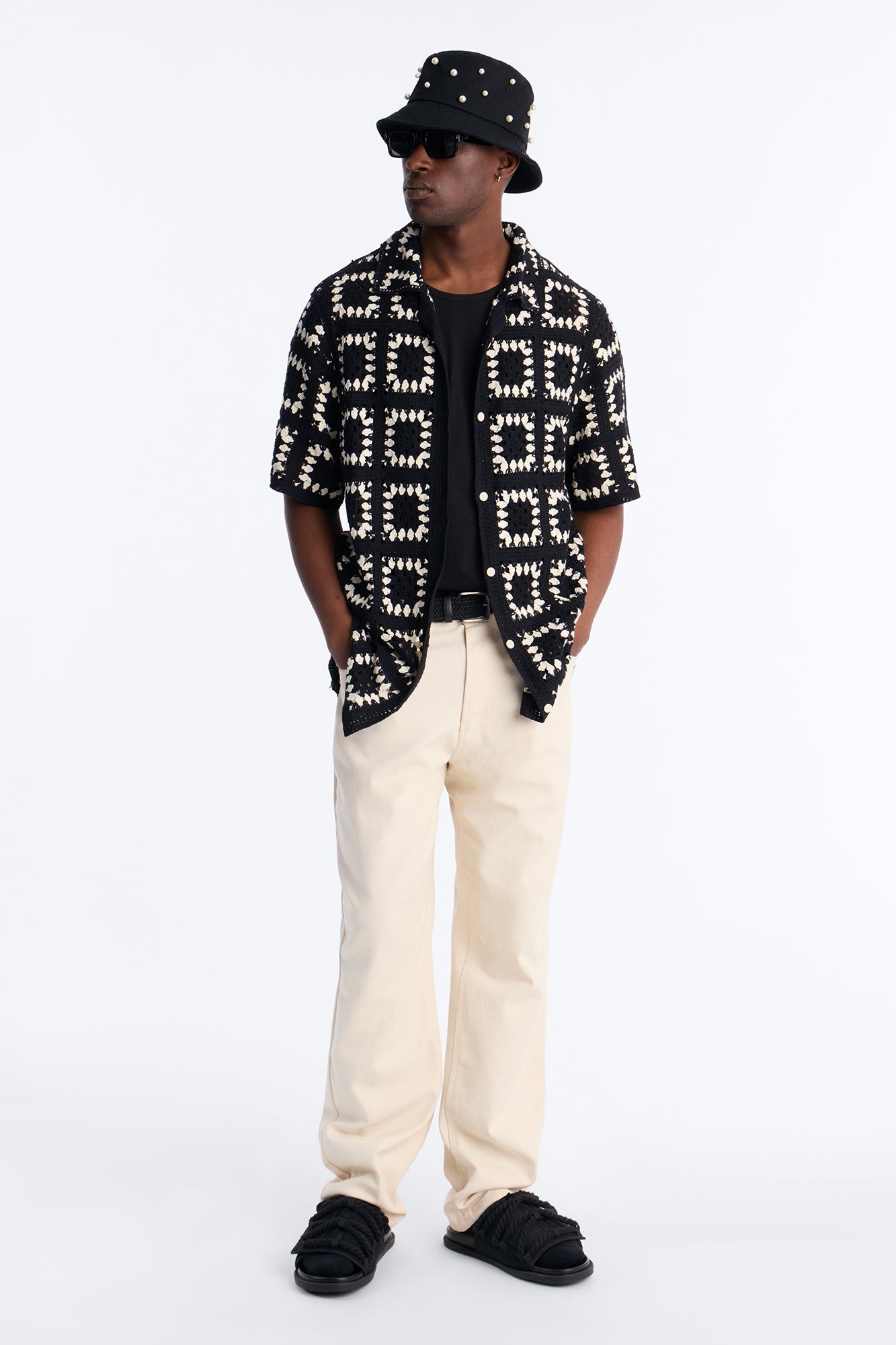 Coastal Crochet Button Up Shirt - Black