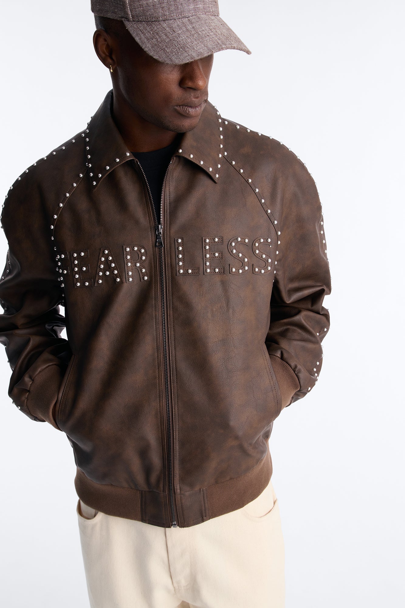 Fearless Victory Faux Leather Studded Bomber Jacket - Brown