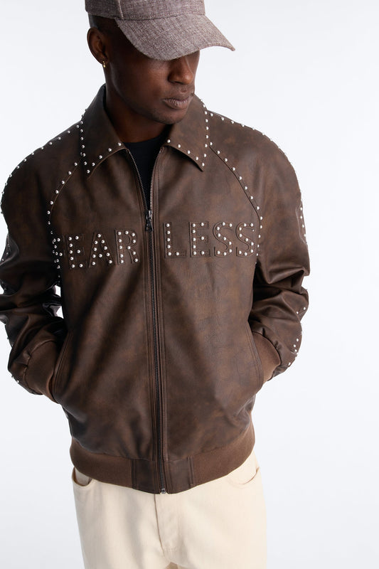 Fearless Victory Faux Leather Studded Bomber Jacket - Brown