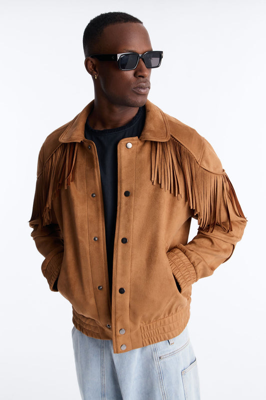 Fringed Festival Grounds Faux Suede Jacket - Camel