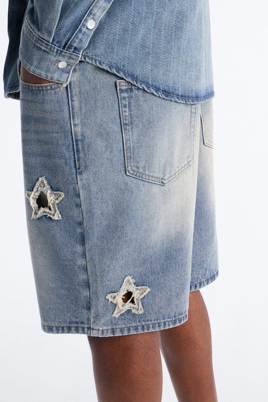 Relaxed Fragmented Star Gaze Denim Short - Vintage Blue Wash