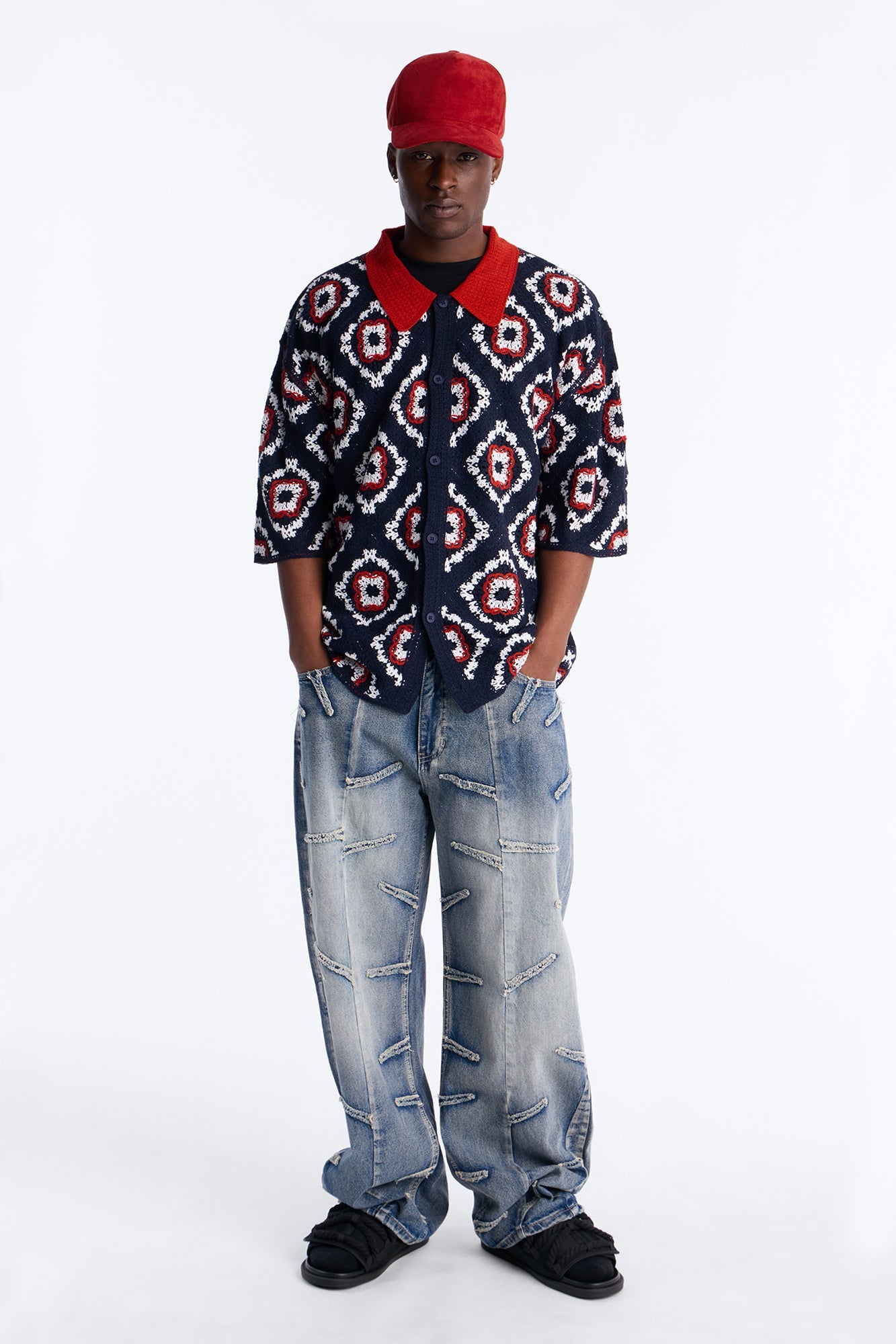 Kaleido Bloom Crochet Button Up Shirt - Navy