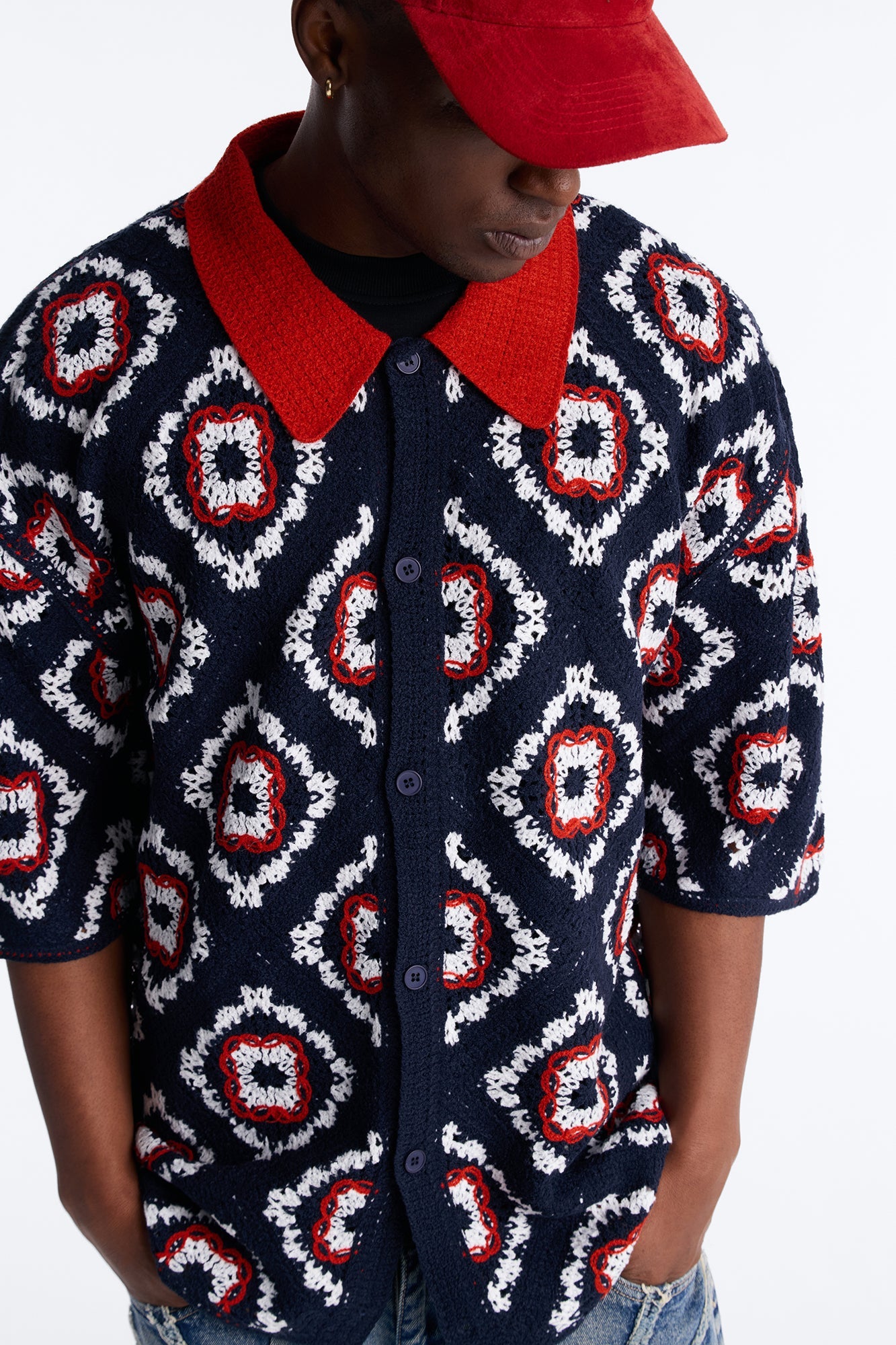 Kaleido Bloom Crochet Button Up Shirt - Navy