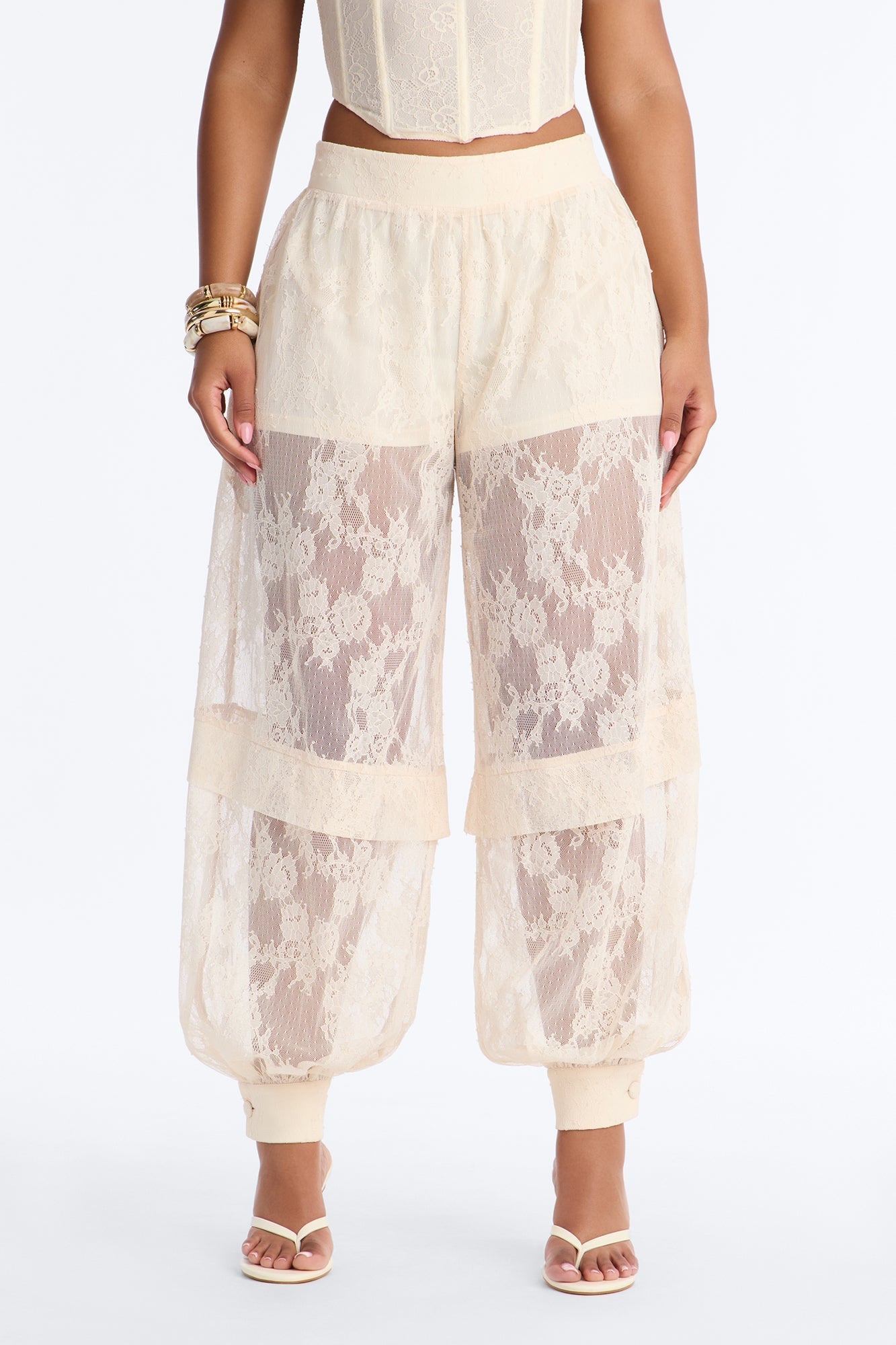 Queen Bee Mid Rise Lacey Jogger Pant - Ivory NEWFASHIONEDGE