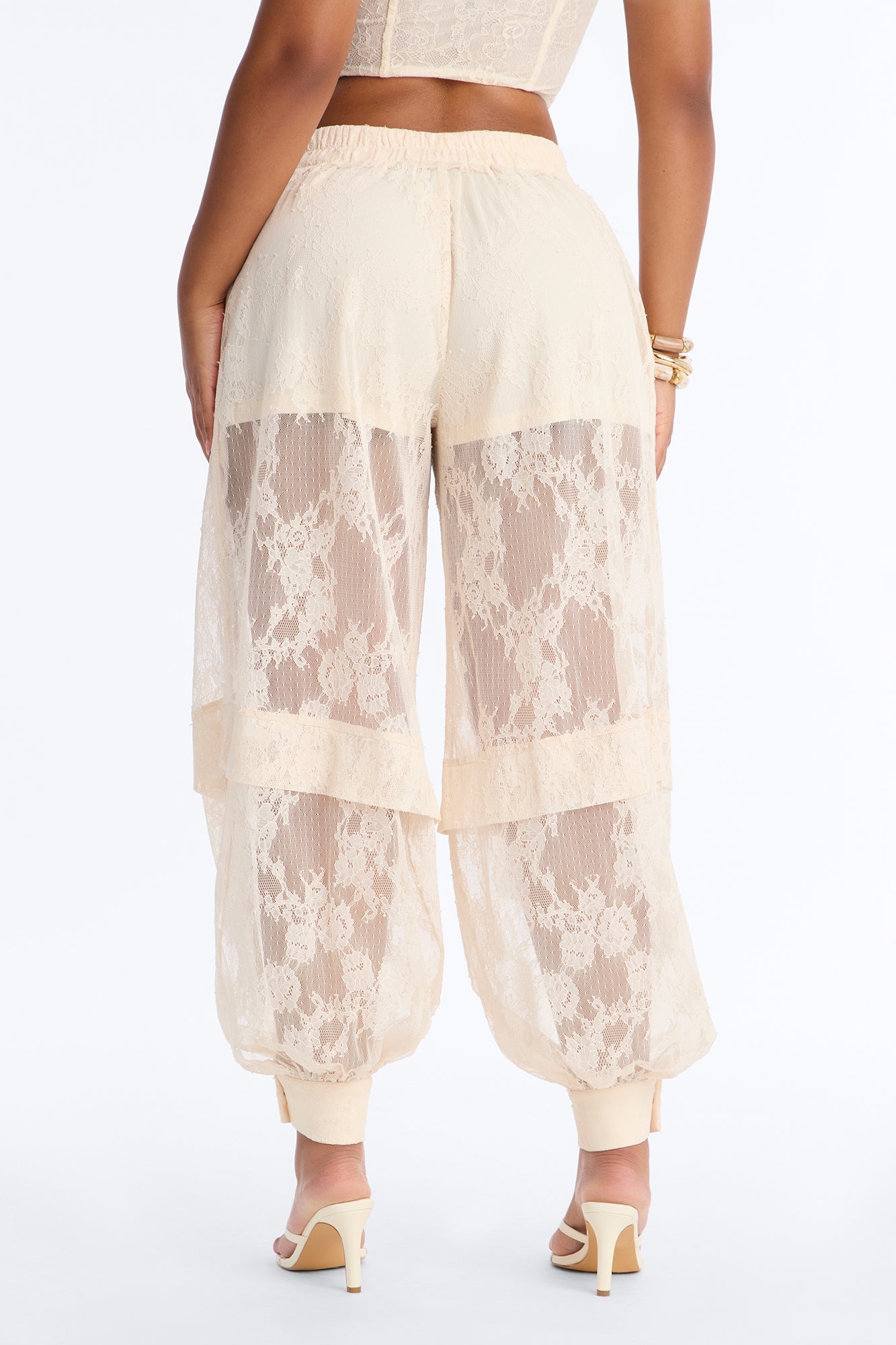 Queen Bee Mid Rise Lacey Jogger Pant - Ivory NEWFASHIONEDGE