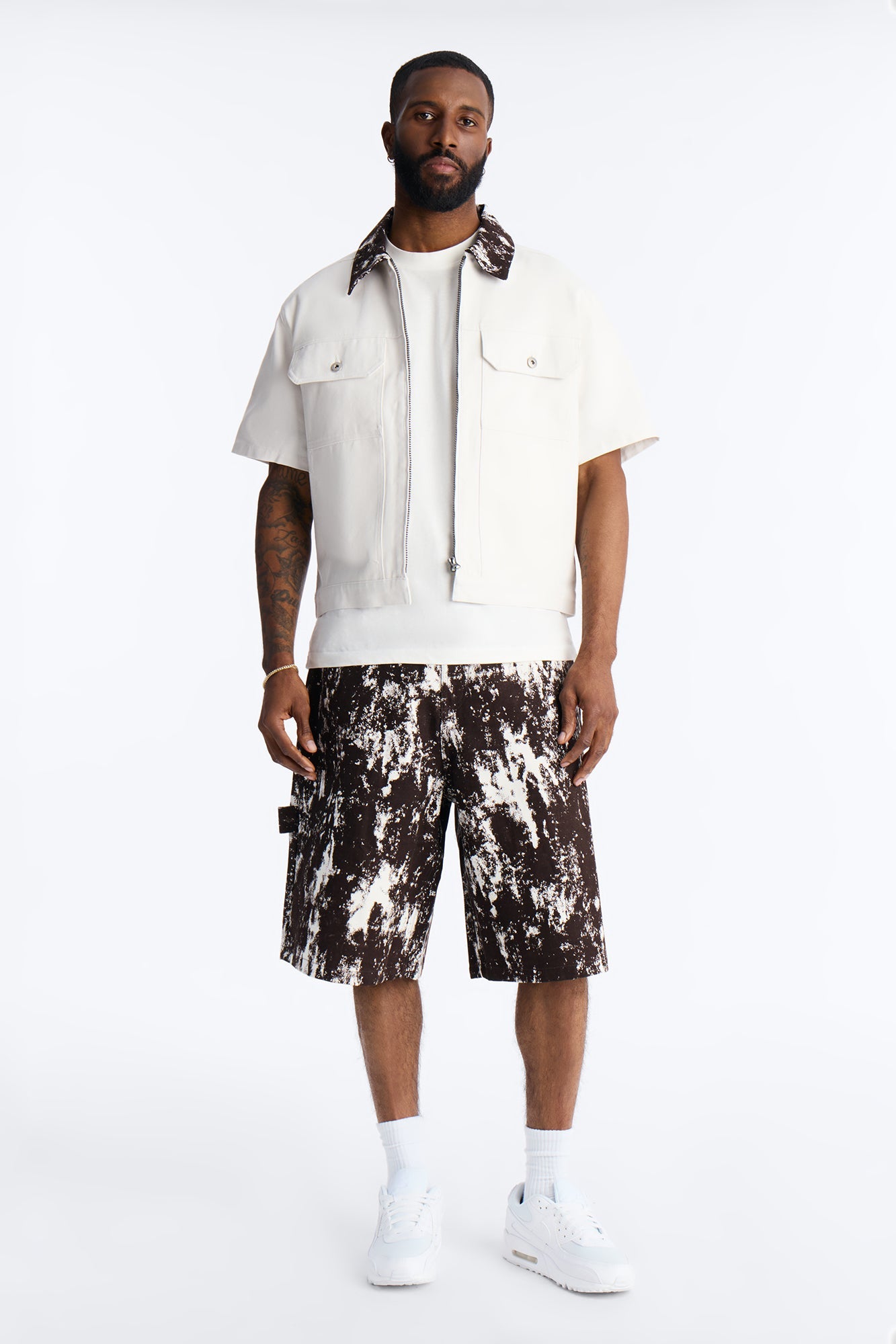 Canon Contrast Collar Zip Up Shirt - White