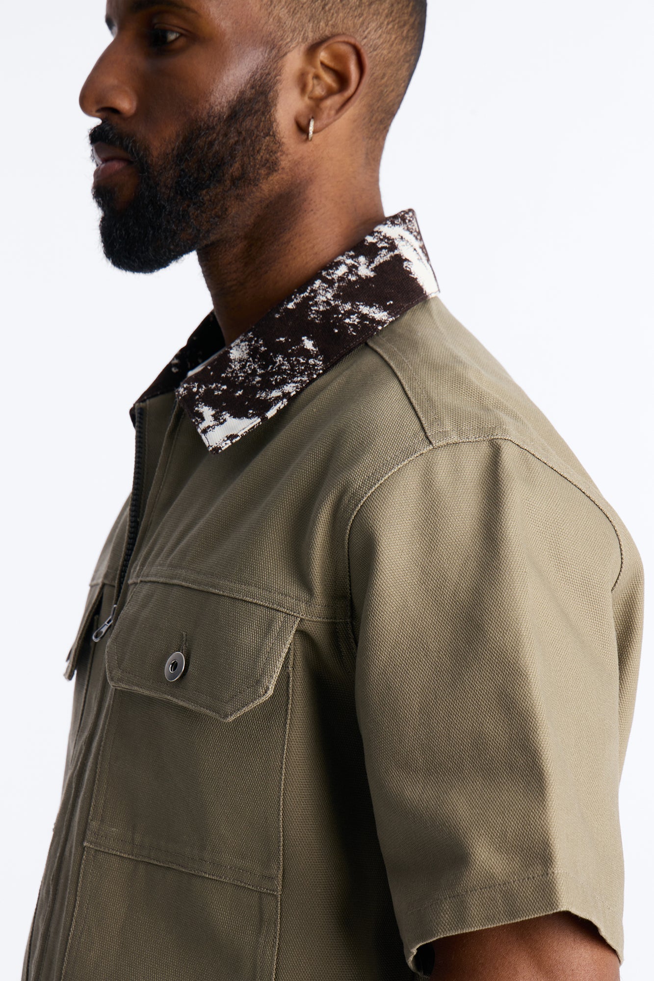 Canon Contrast Collar Zip Up Shirt - Taupe