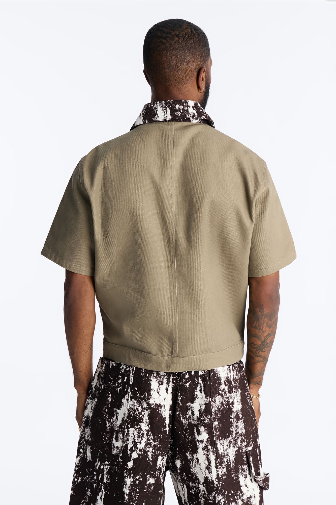 Canon Contrast Collar Zip Up Shirt - Taupe