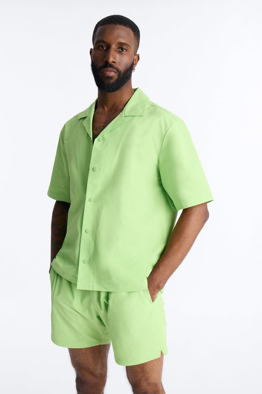 Seersucker Short Sleeve Cuban Collar Shirt - Lime