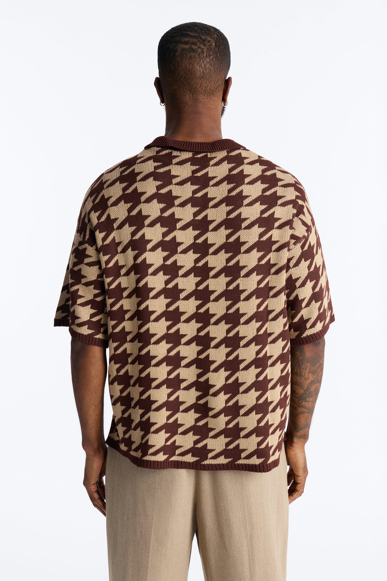 Houndstooth Short Sleeve Knitted Polo - Brown
