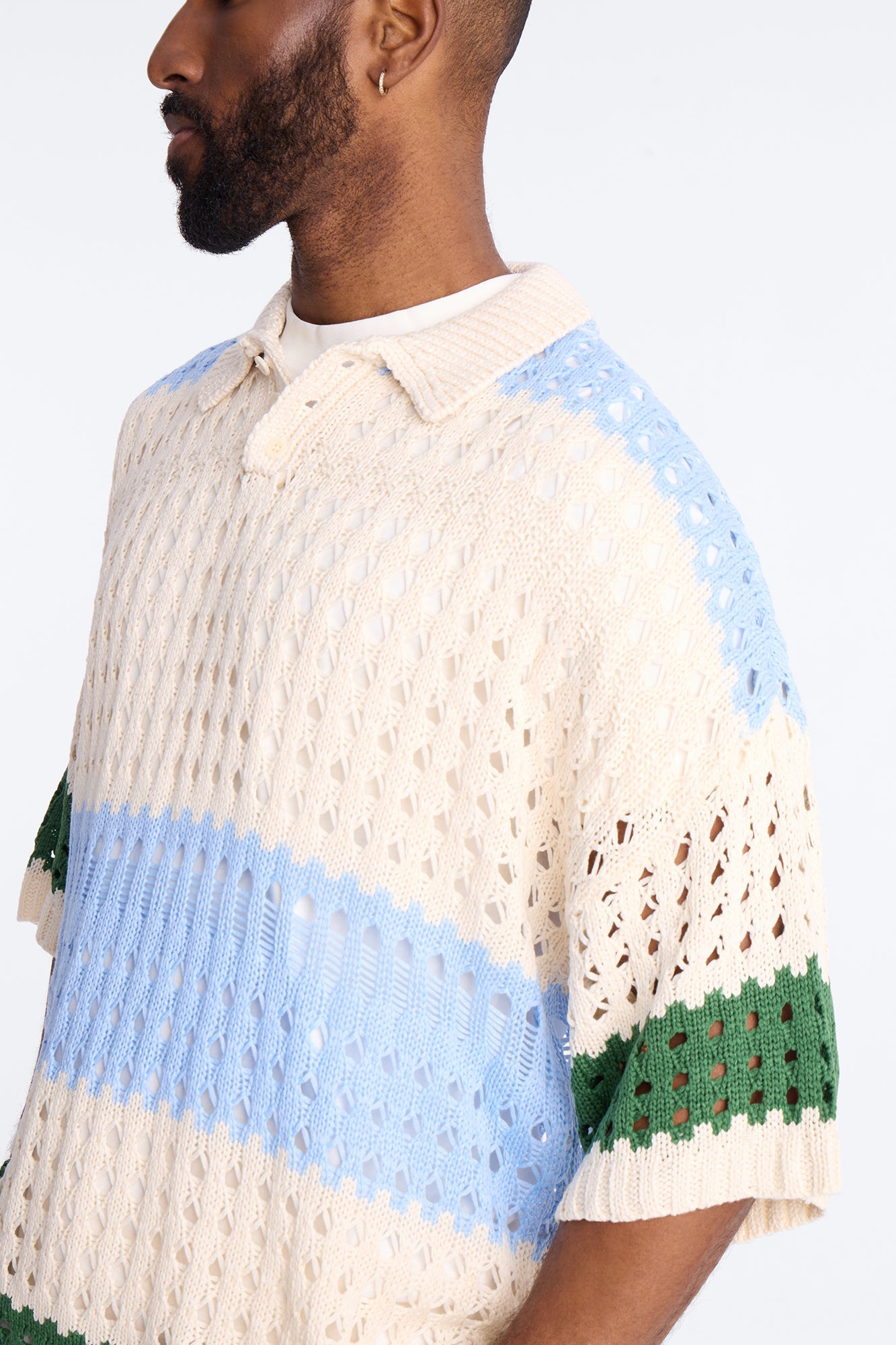 Weathered Stripe Knitted Polo - Light Blue