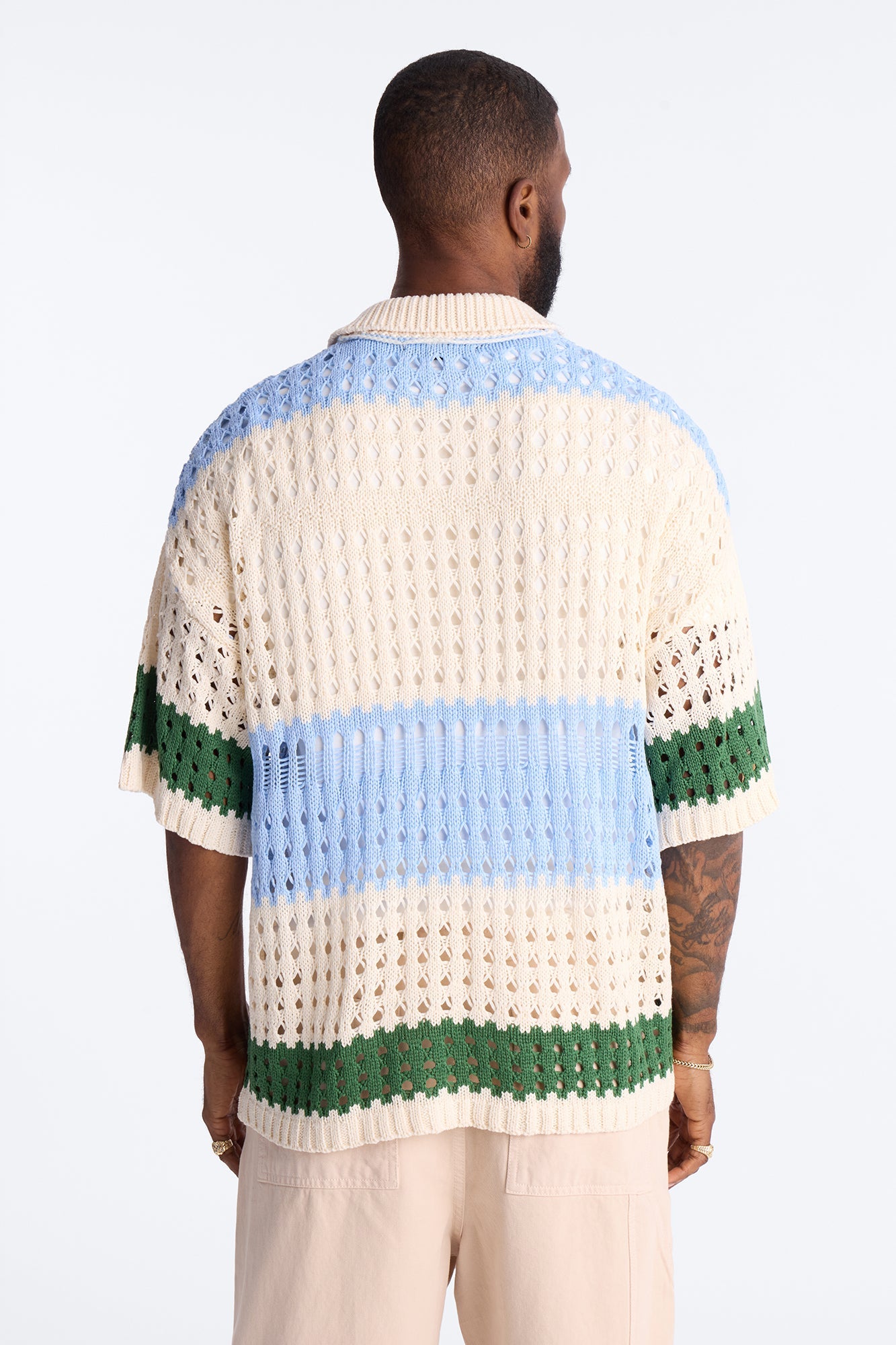 Weathered Stripe Knitted Polo - Light Blue