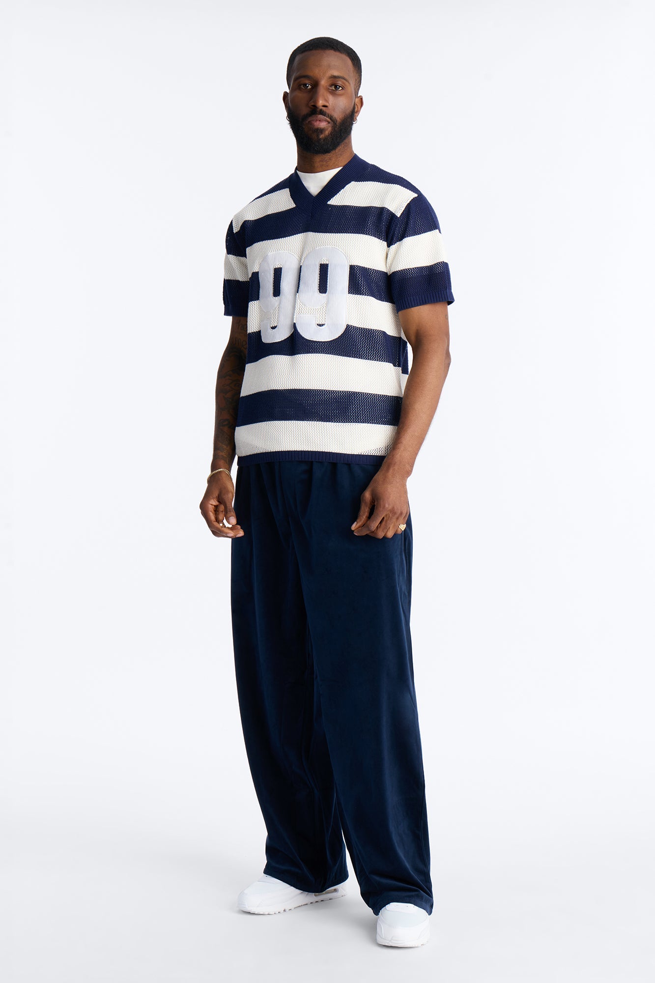 Short Sleeve Striped Crotchet Jersey - Navy