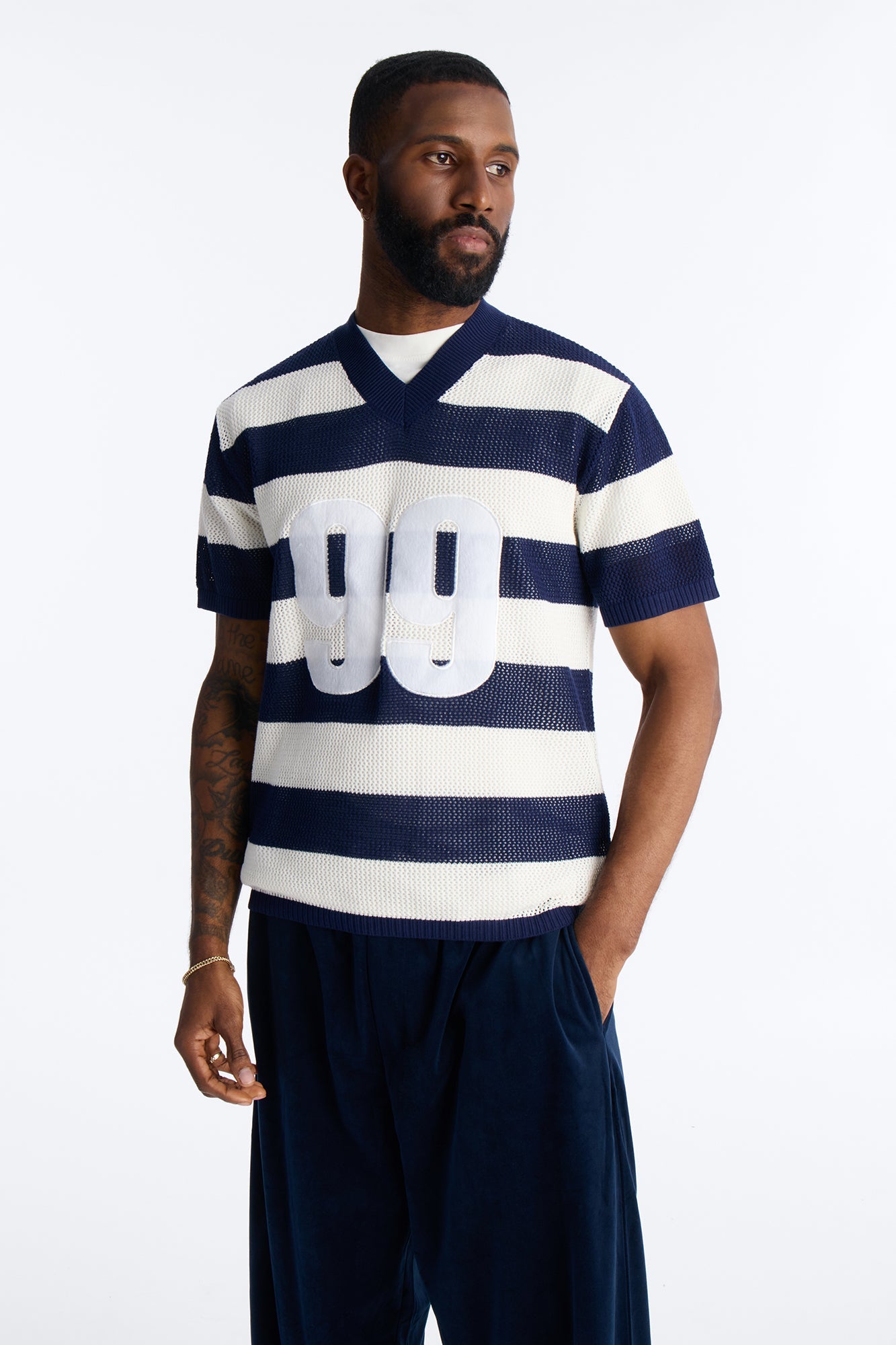 Short Sleeve Striped Crotchet Jersey - Navy