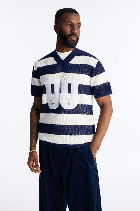 Short Sleeve Striped Crotchet Jersey - Navy