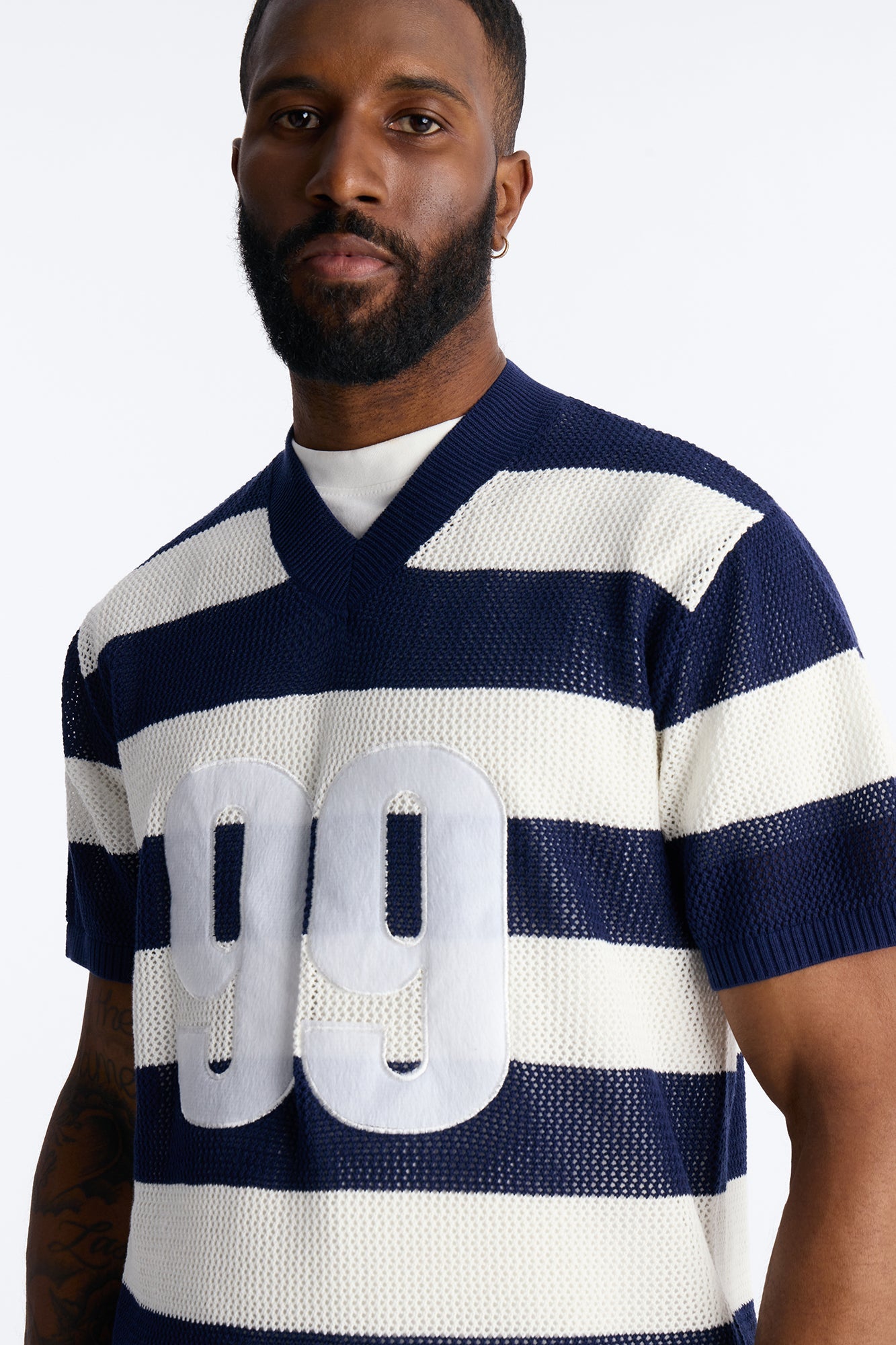 Short Sleeve Striped Crotchet Jersey - Navy