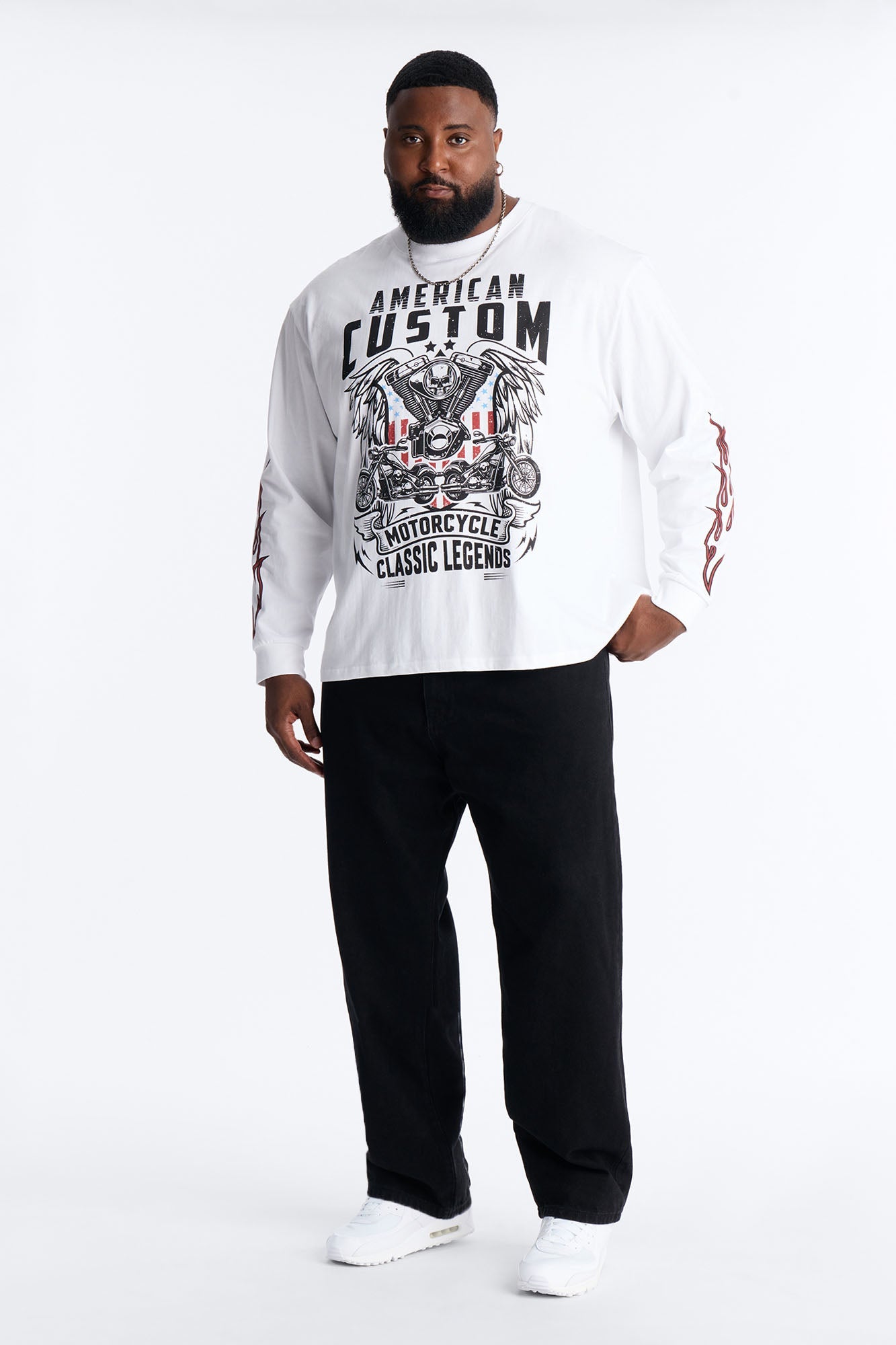 American Custom Motorcycle Oversized Long Sleeve Tee - White