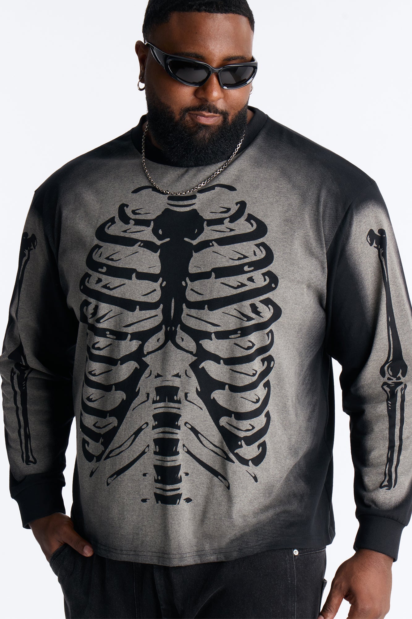 Skeleton Oversized Long Sleeve Tee - Black