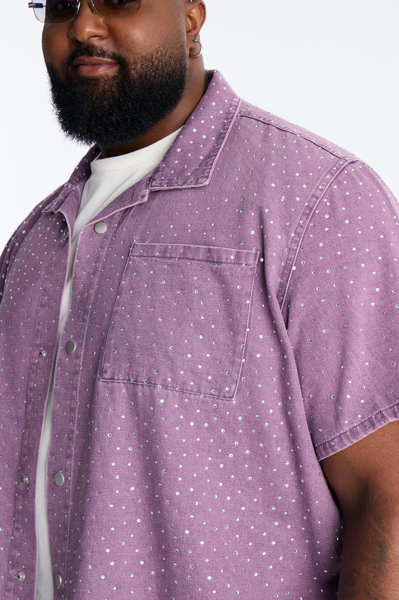 Cropped Embellished Denim Button Up Shirt - Purple