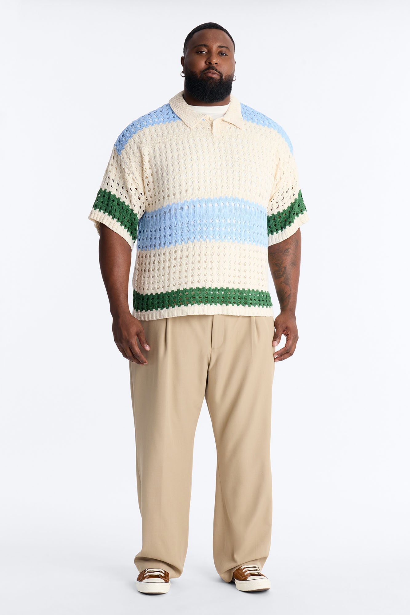 Weathered Stripe Knitted Polo - Light Blue