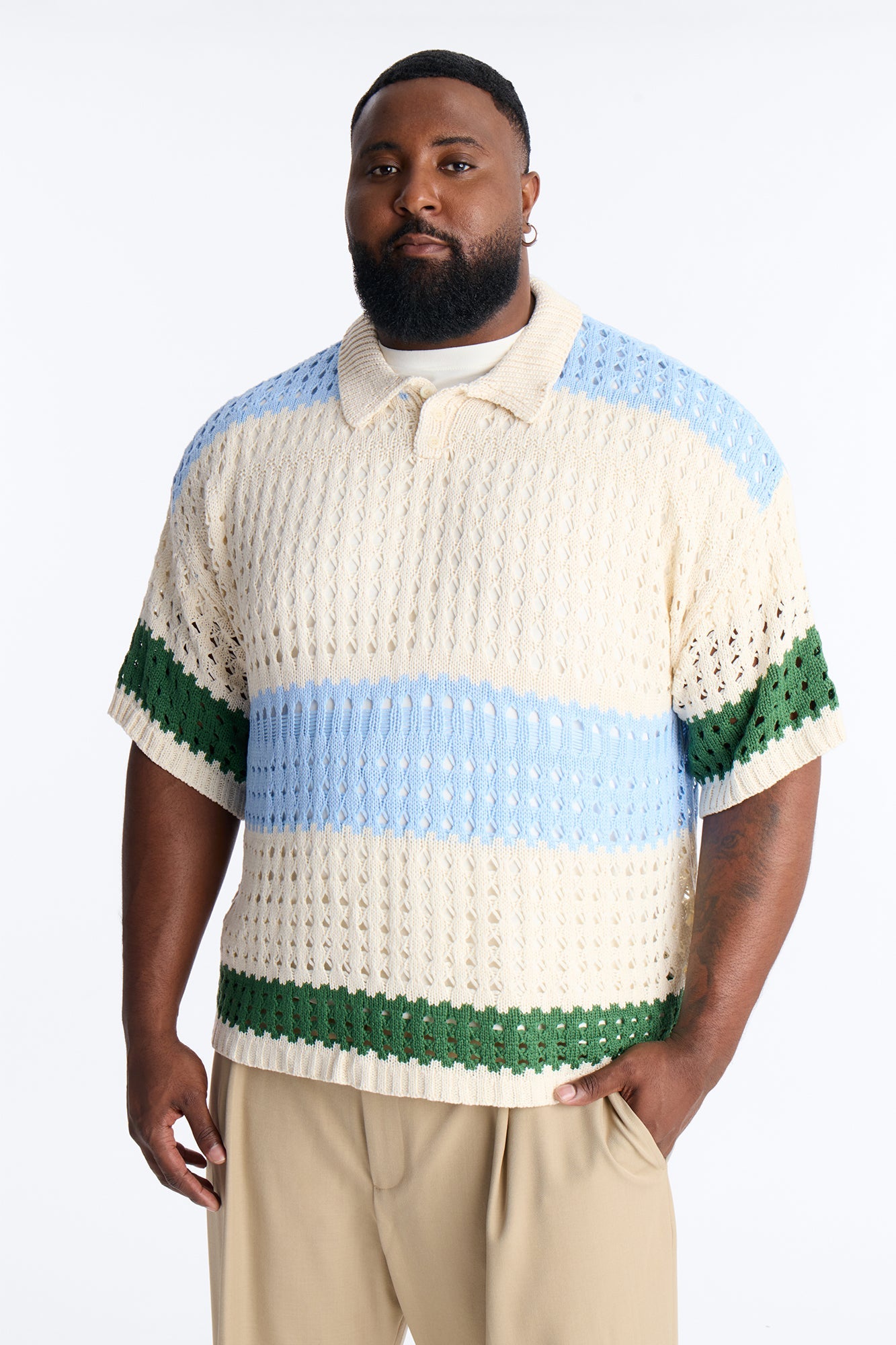 Weathered Stripe Knitted Polo - Light Blue