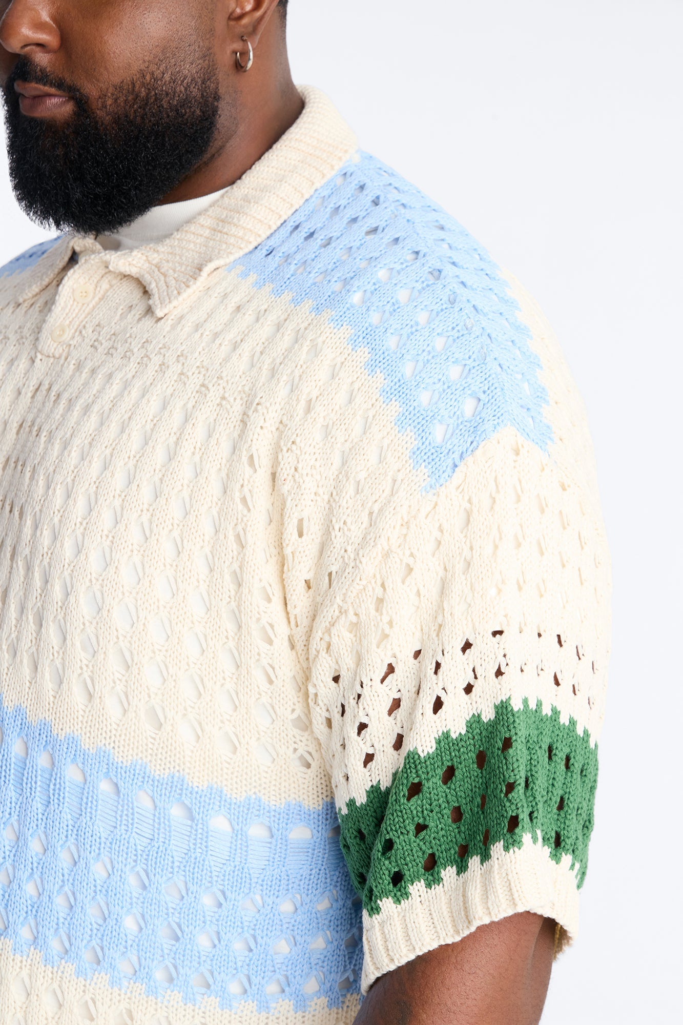 Weathered Stripe Knitted Polo - Light Blue