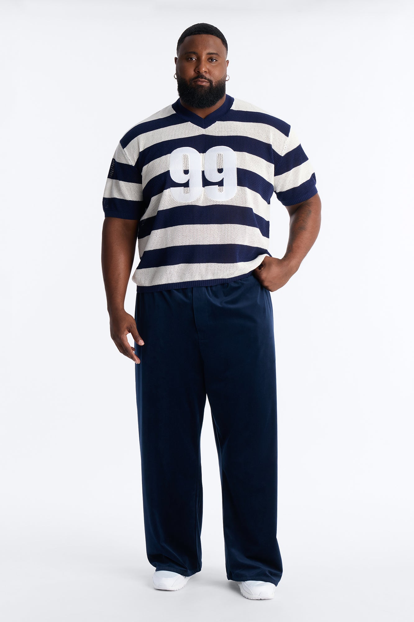 Short Sleeve Striped Crotchet Jersey - Navy
