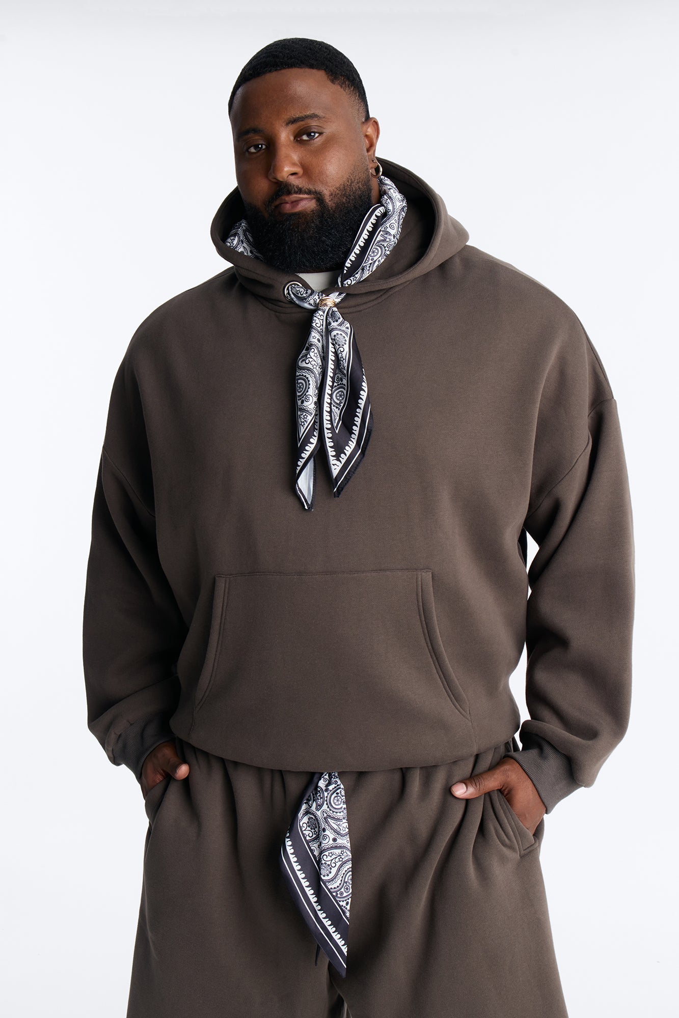 Oversized Bandana Scarf Duo Hoodie - Brown