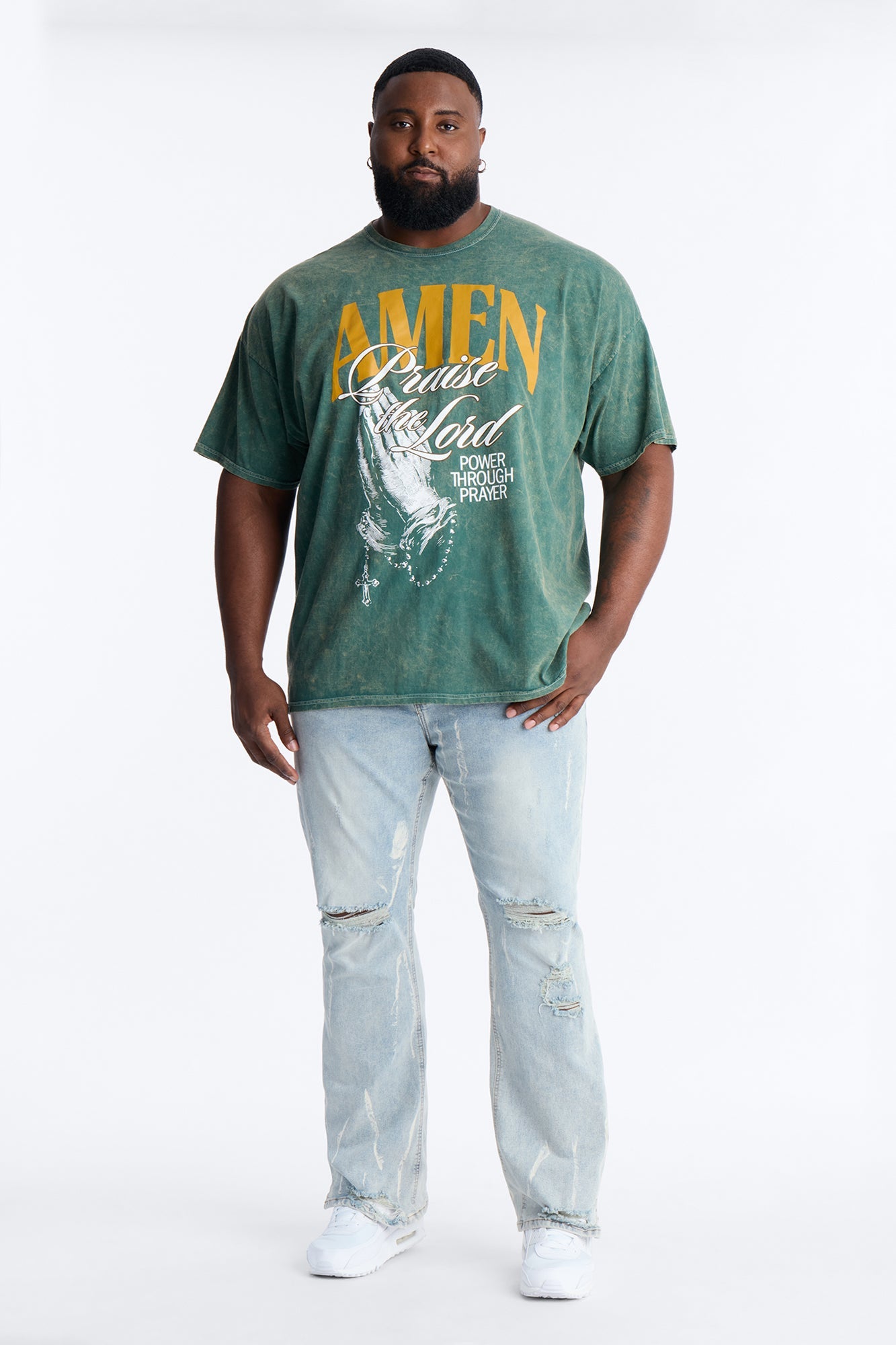 Amen Praise The Lord Rosary Studded Detail Graphic Short Sleeve Tee - Hunter Green