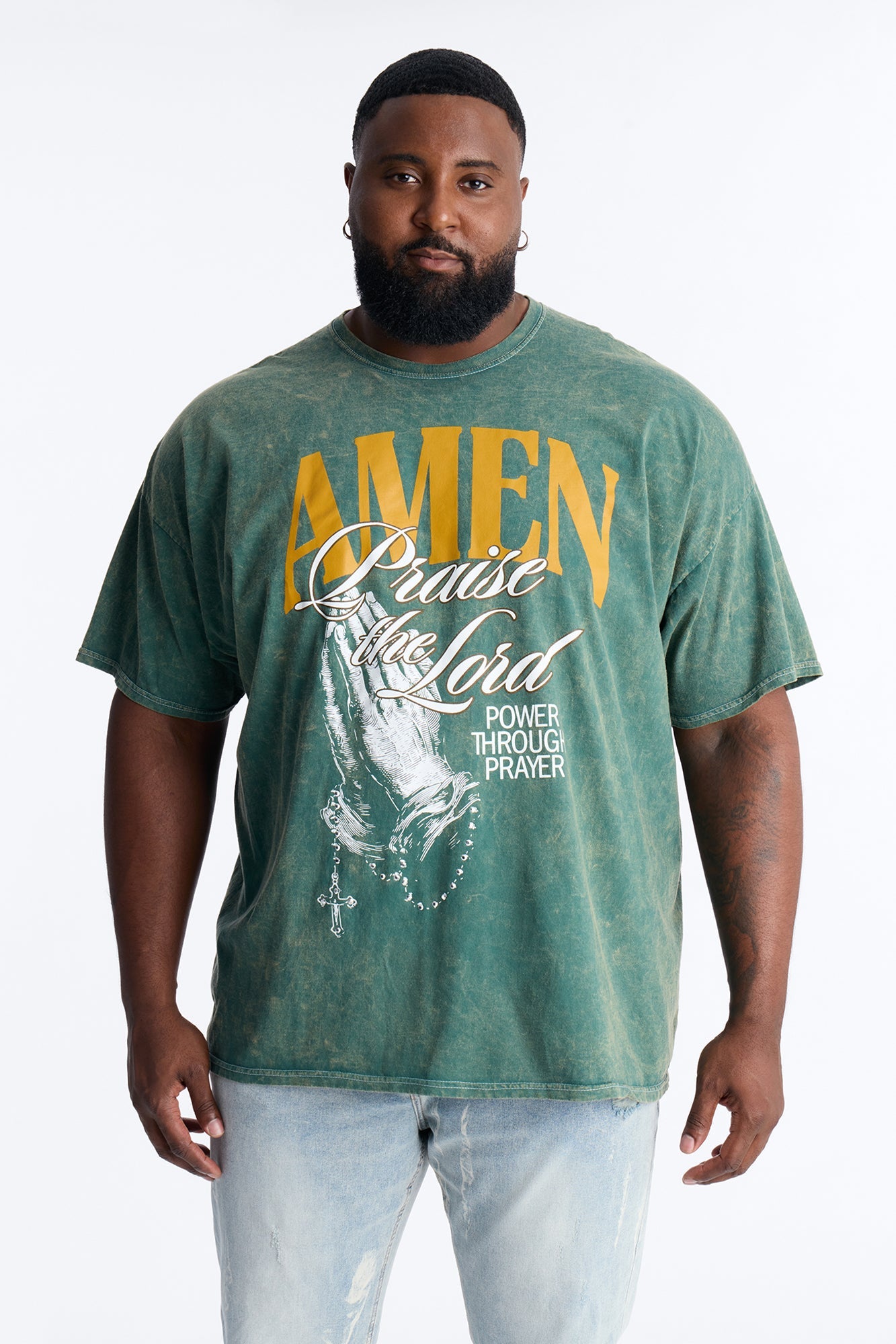 Amen Praise The Lord Rosary Studded Detail Graphic Short Sleeve Tee - Hunter Green