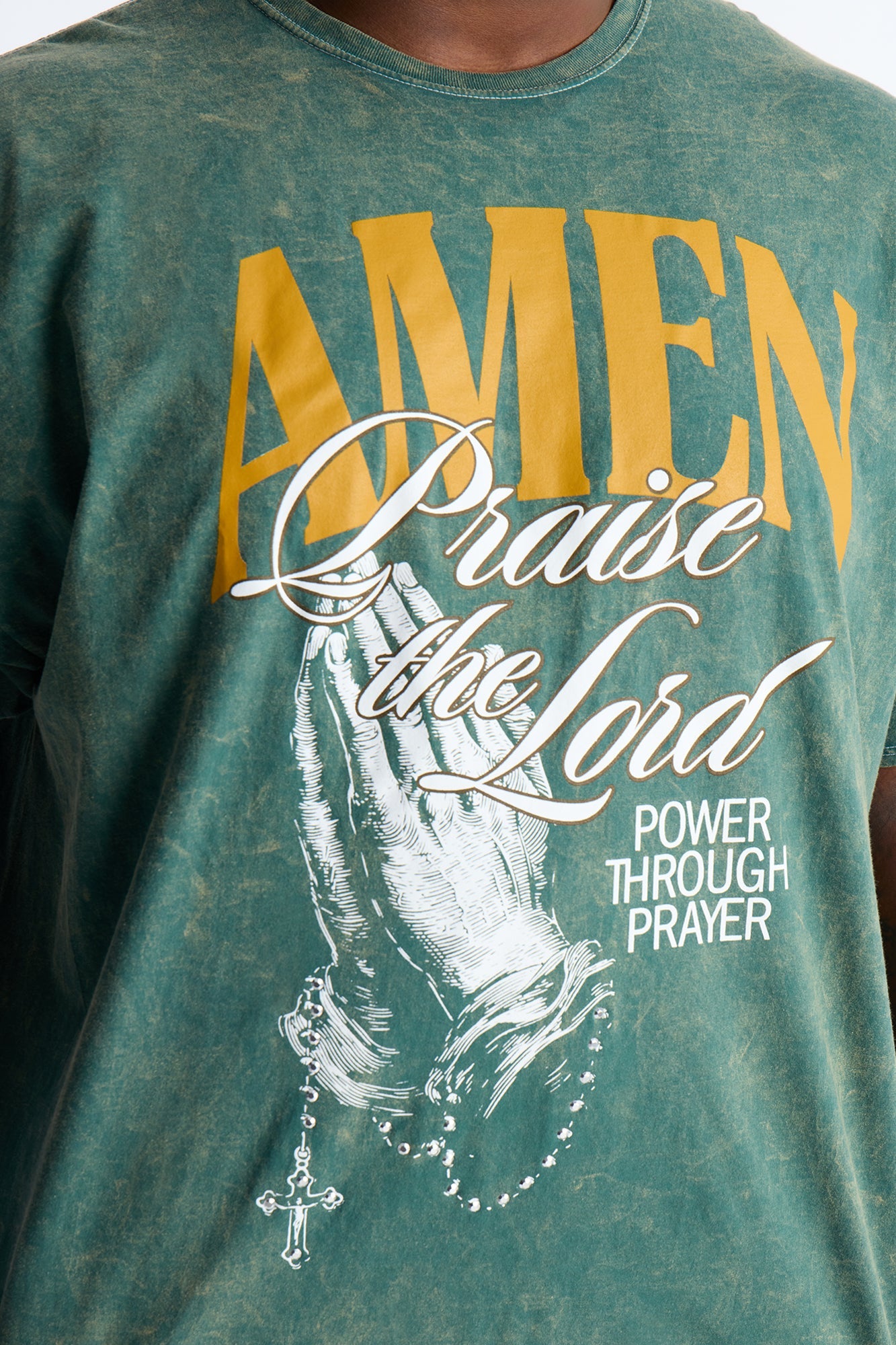 Amen Praise The Lord Rosary Studded Detail Graphic Short Sleeve Tee - Hunter Green