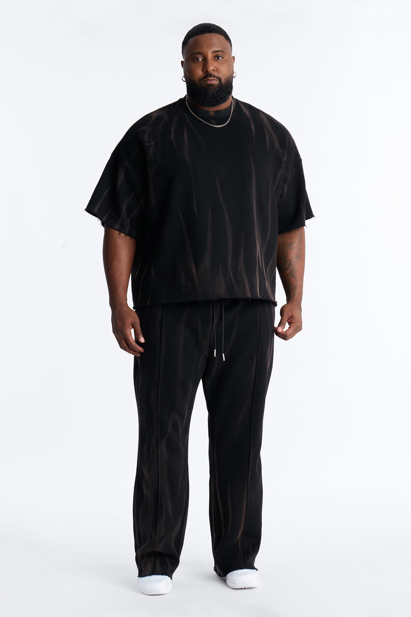 Oversized Bleach Washed Short Sleeve Fleece Tee - Black