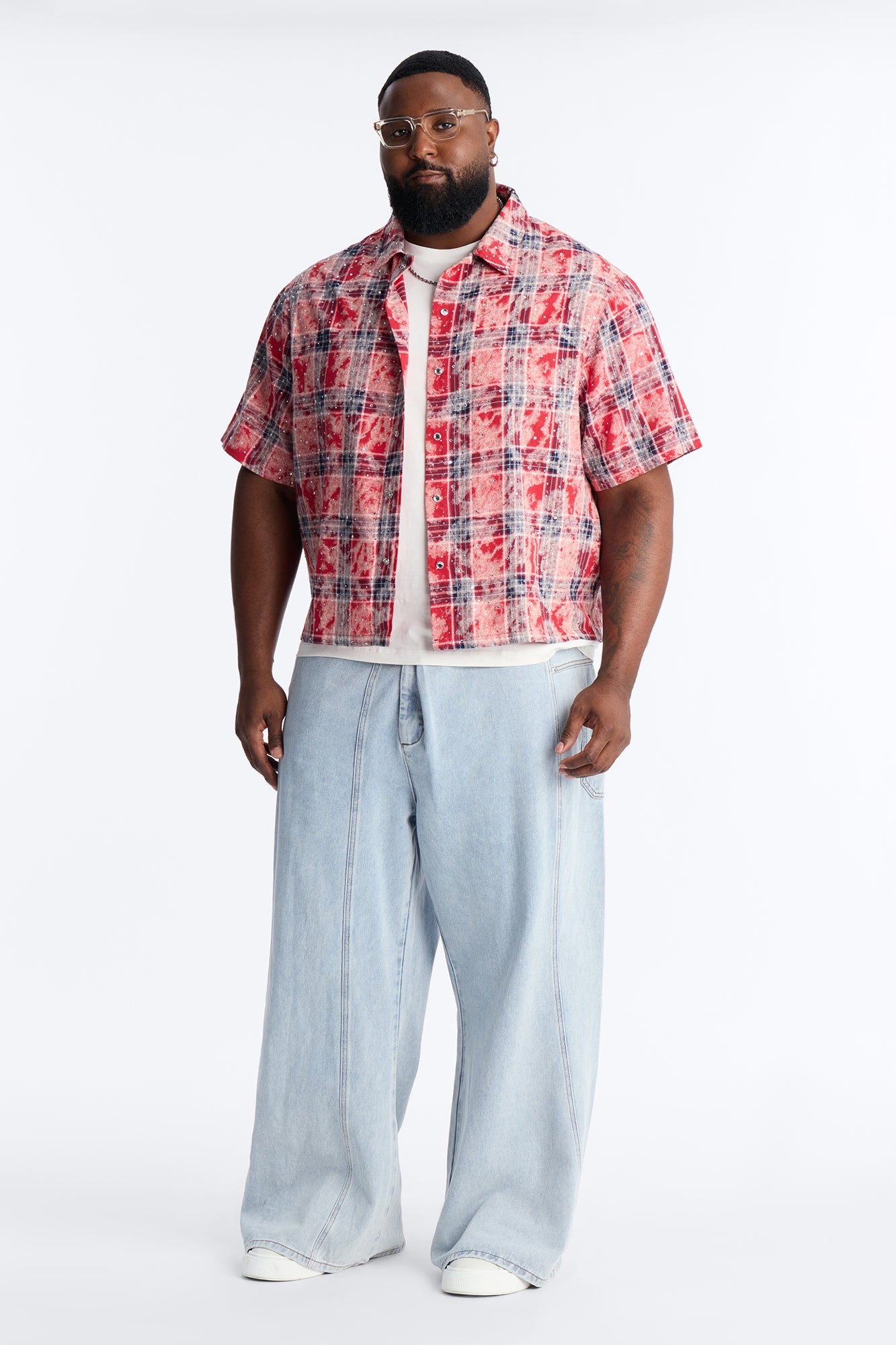 Rhinestone Rain Short Sleeve Plaid Flannel - Red